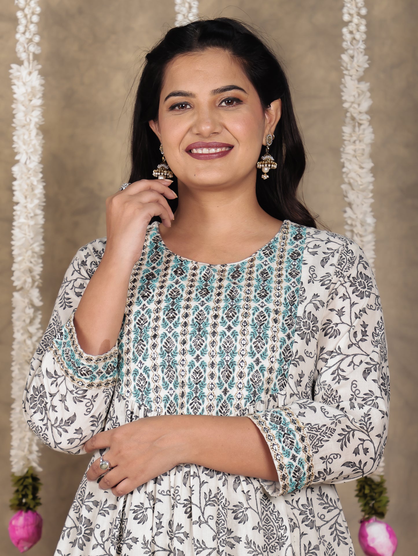 Embroidered Soft Cotton Floral A-line Off White Kurta
