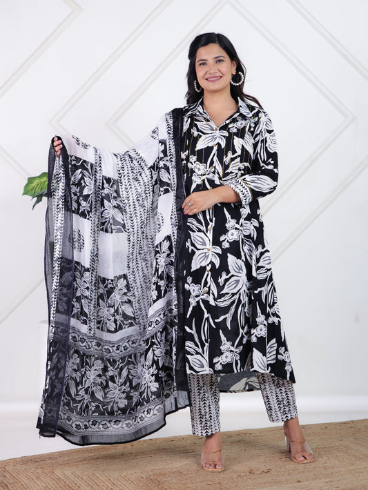 Cotton Voile Floral Black Dupatta