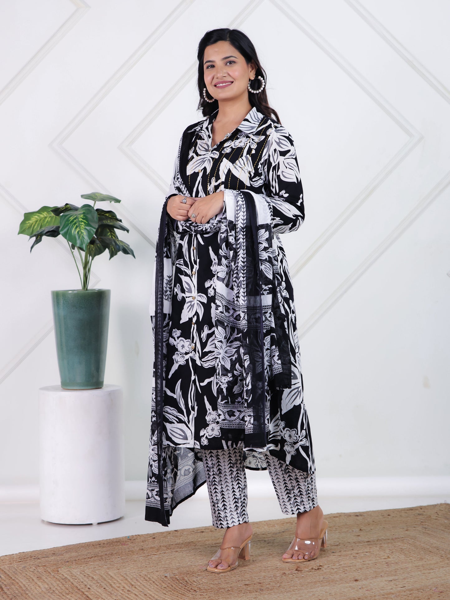 Cotton Voile Floral Black Dupatta