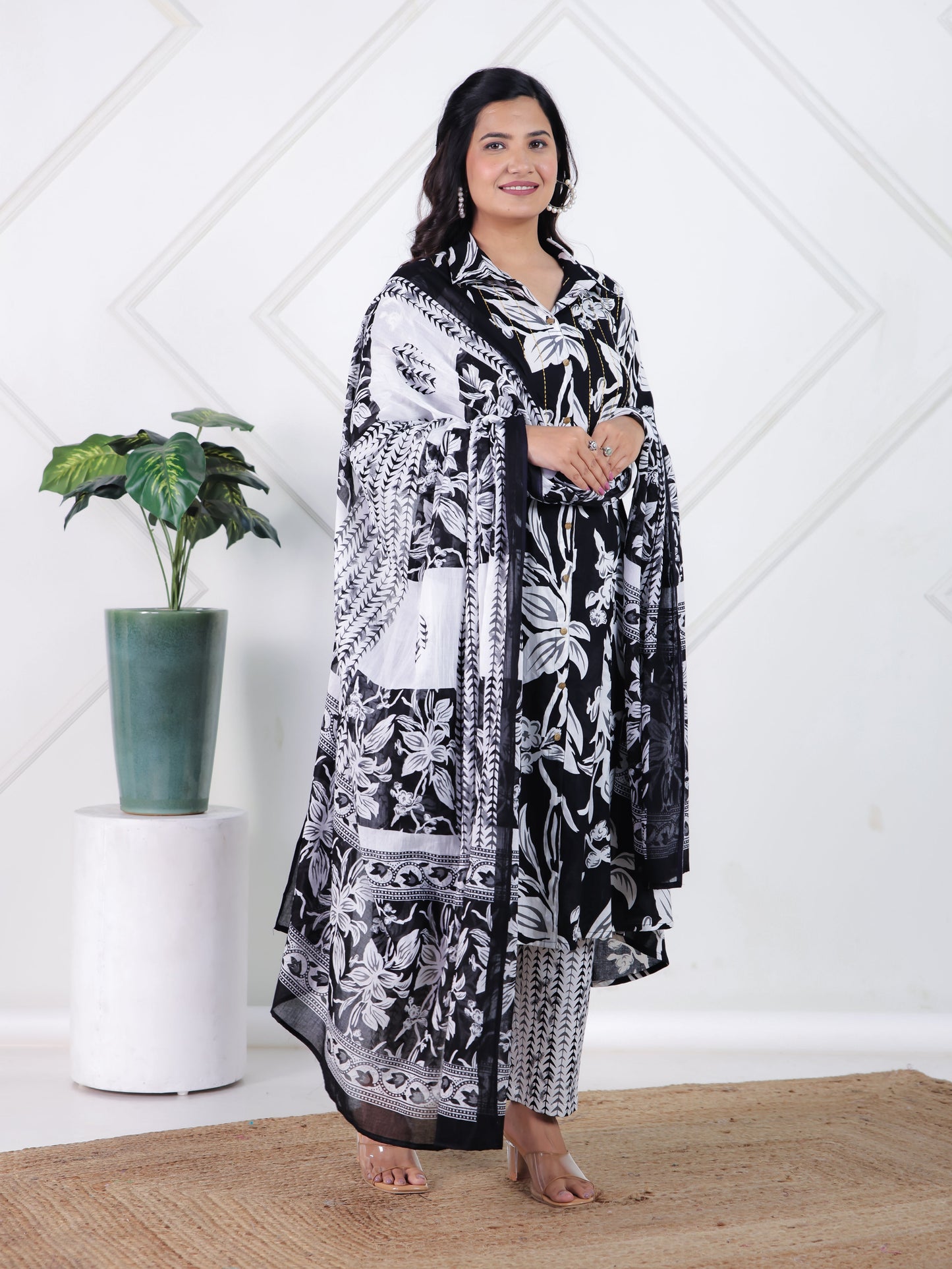 Cotton Voile Floral Black Dupatta