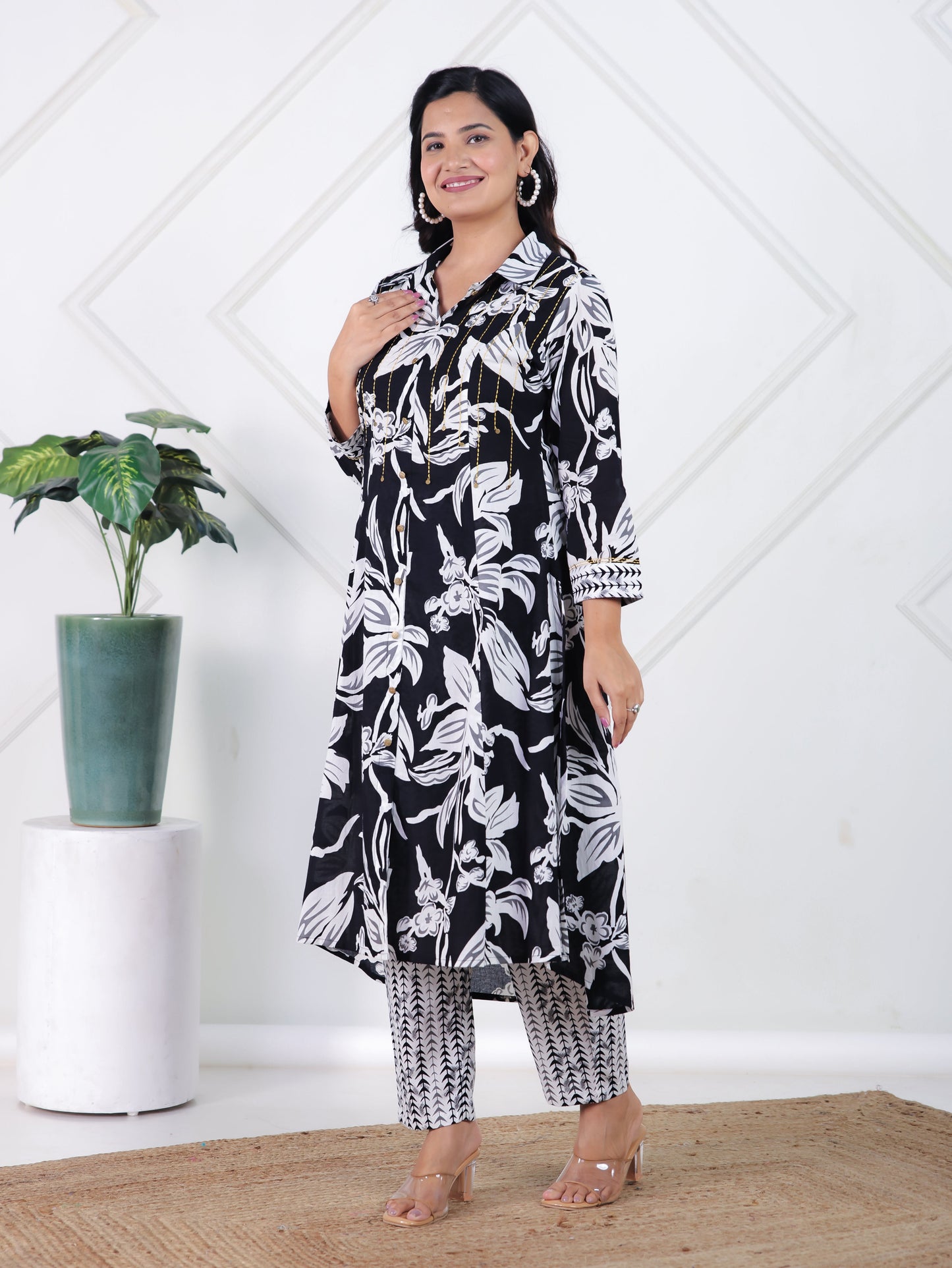 Embroidered Soft Cotton Floral High Low Black Kurta