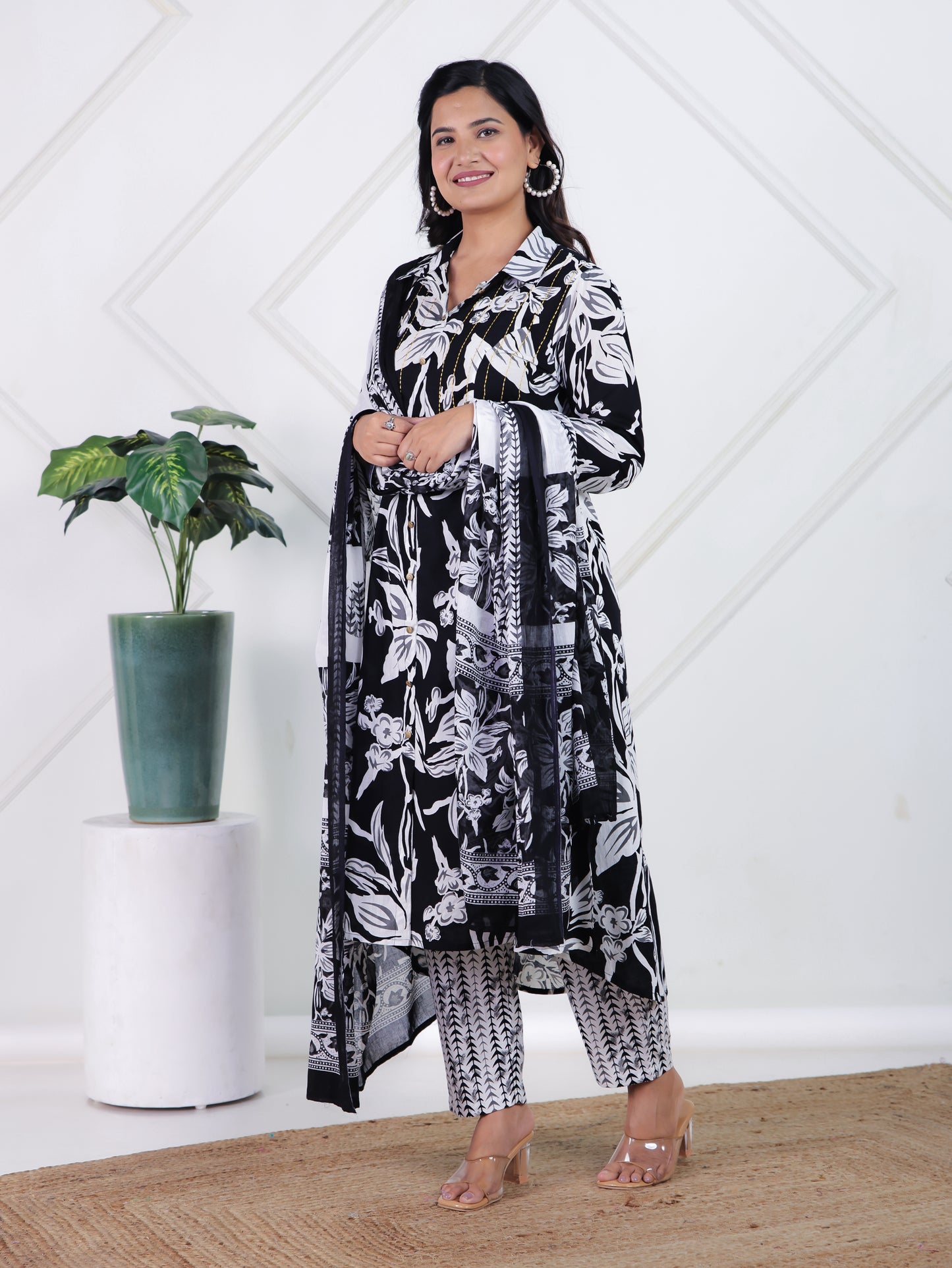 Embroidered Soft Cotton Floral High Low Black Kurta