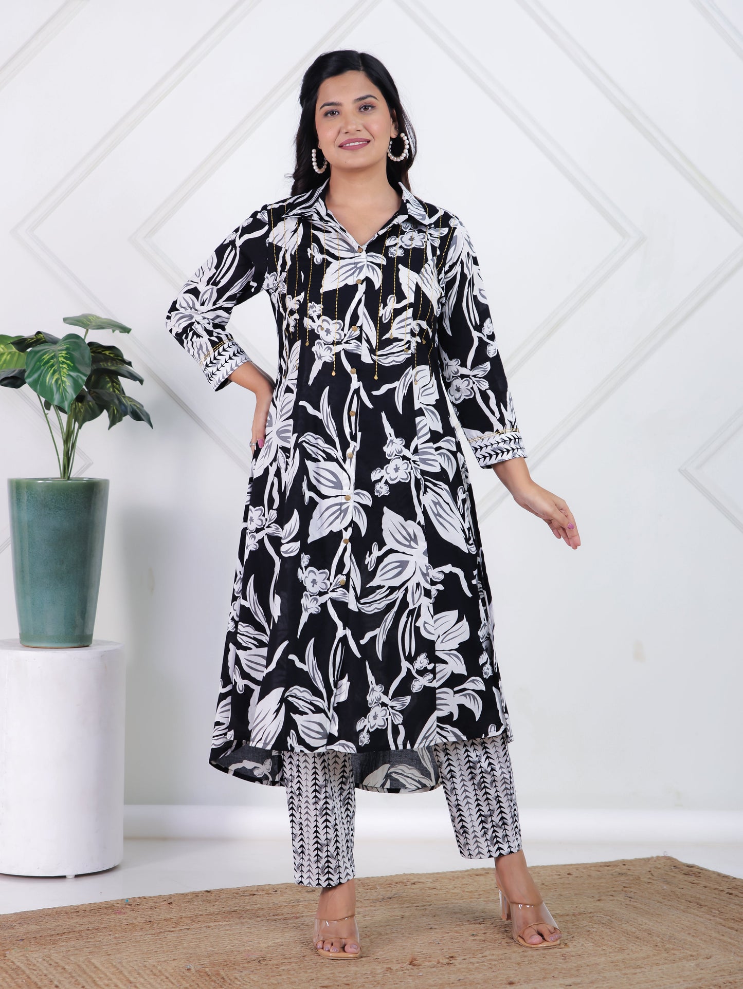Embroidered Soft Cotton Floral High Low Black Kurta
