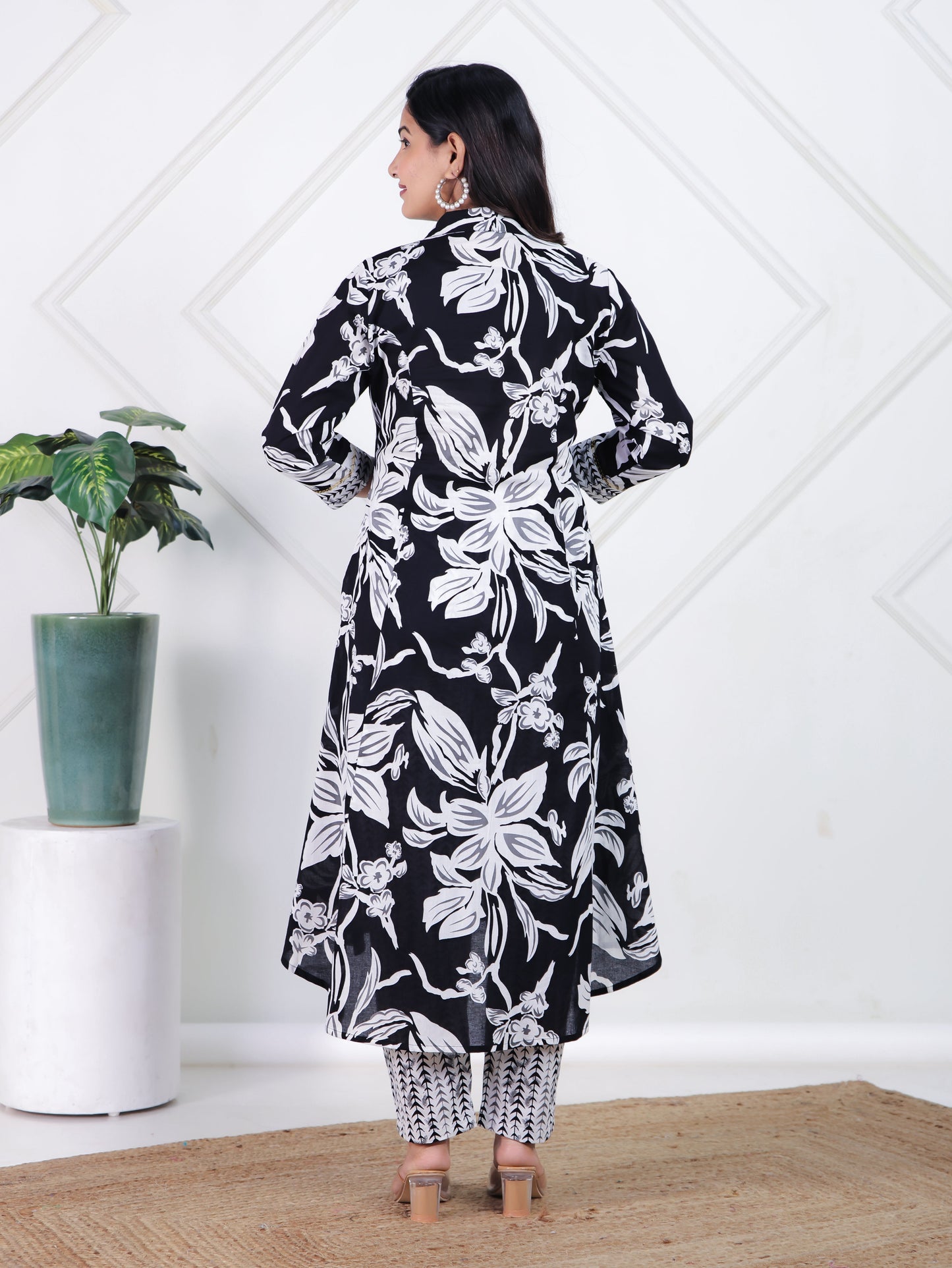 Embroidered Soft Cotton Floral High Low Black Kurta