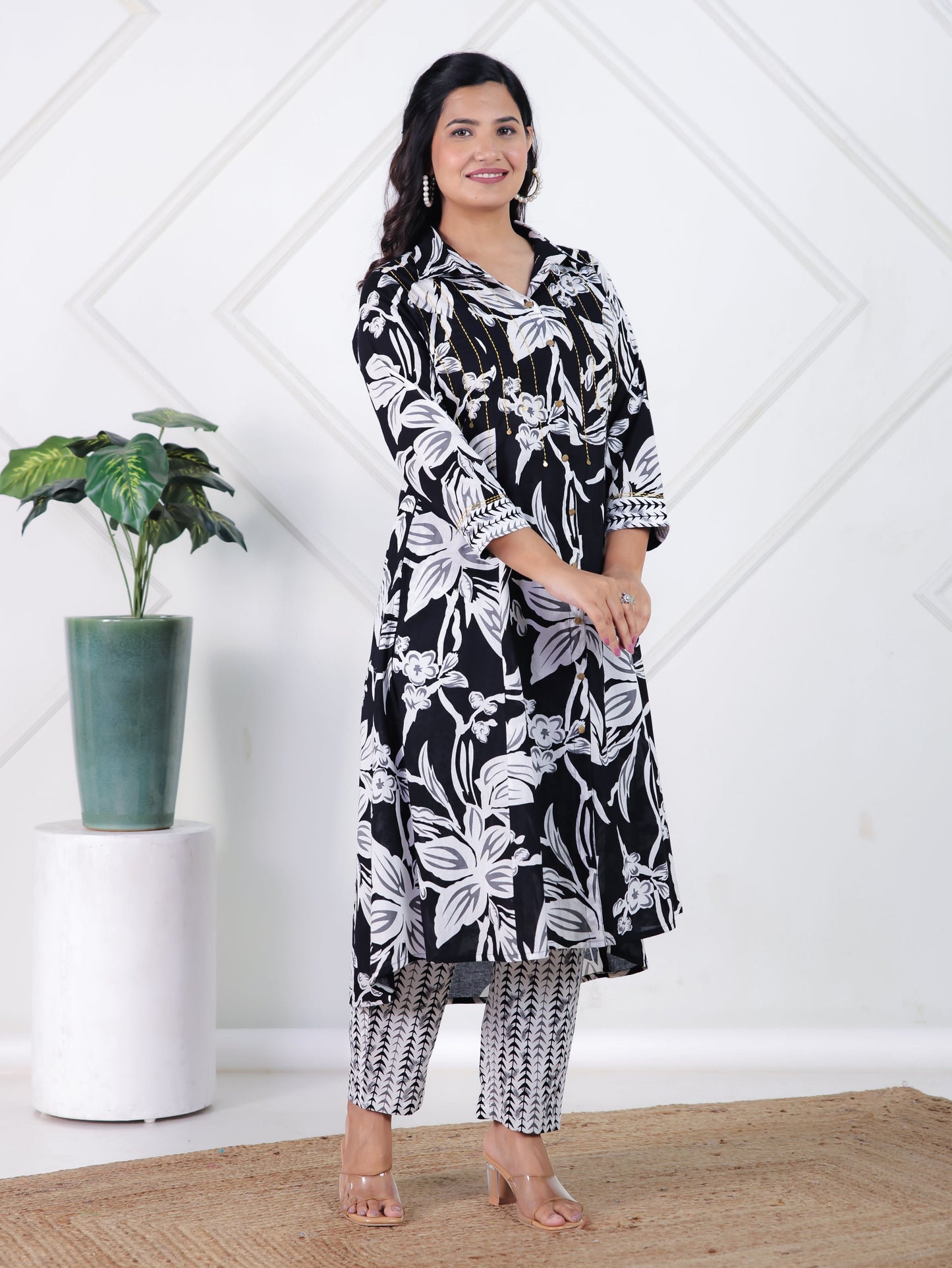 Embroidered Soft Cotton Floral High Low Black Kurta