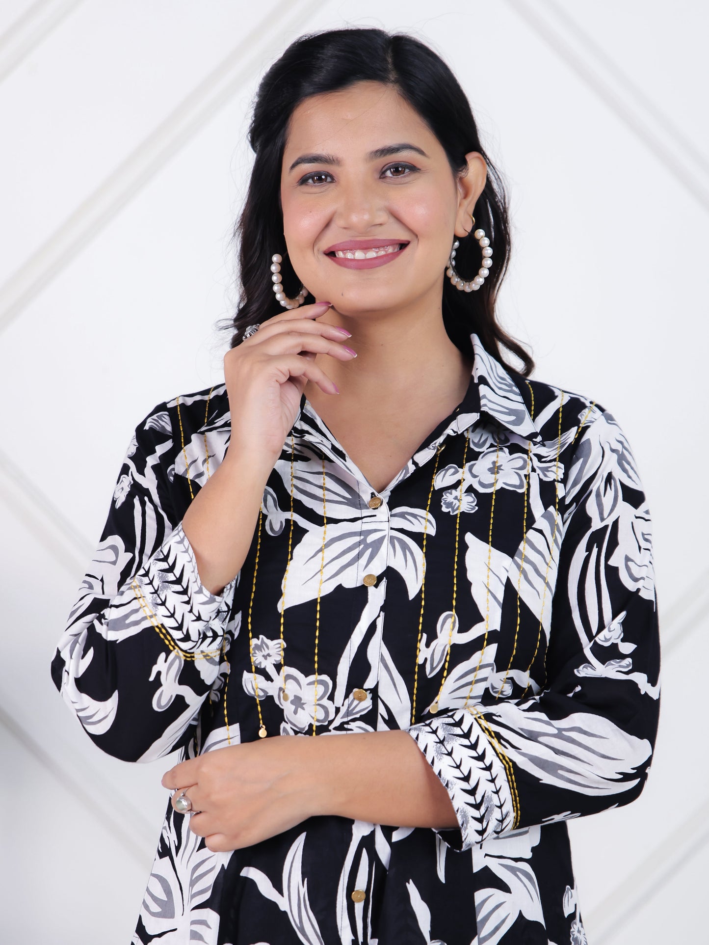 Embroidered Soft Cotton Floral High Low Black Kurta