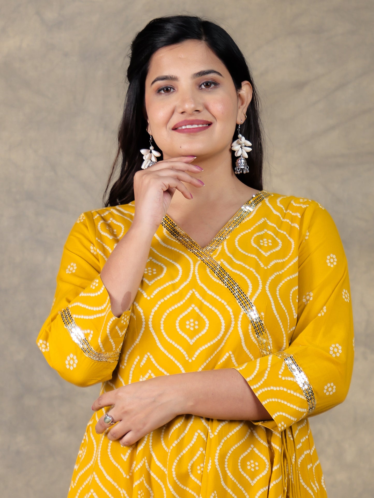 Embroidered Soft Cotton Bandhani Angrakha Yellow Kurta