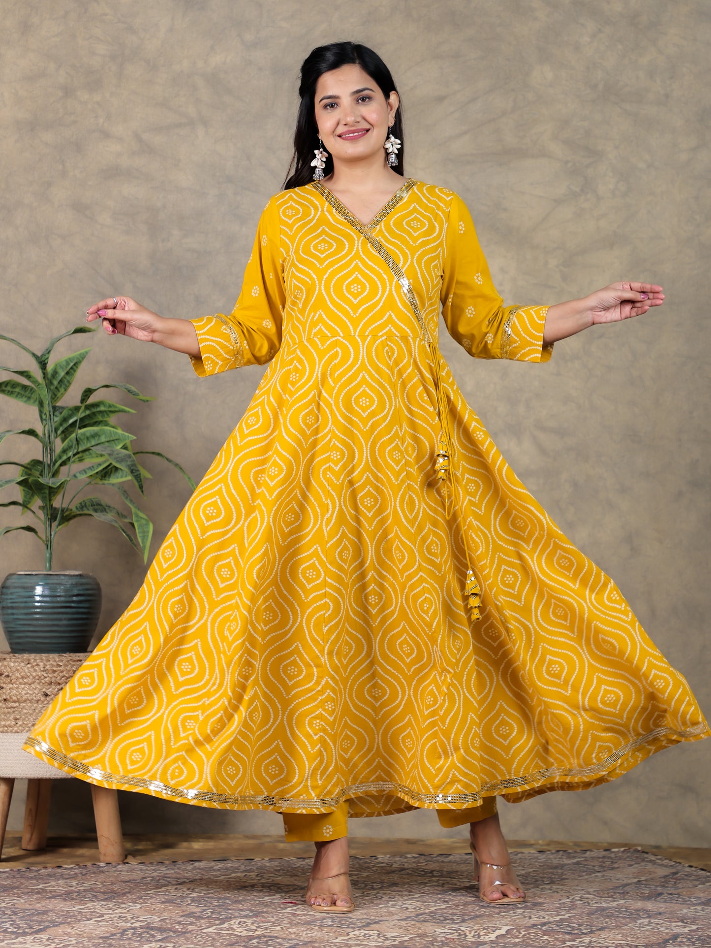 Embroidered Soft Cotton Bandhani Angrakha Yellow Kurta