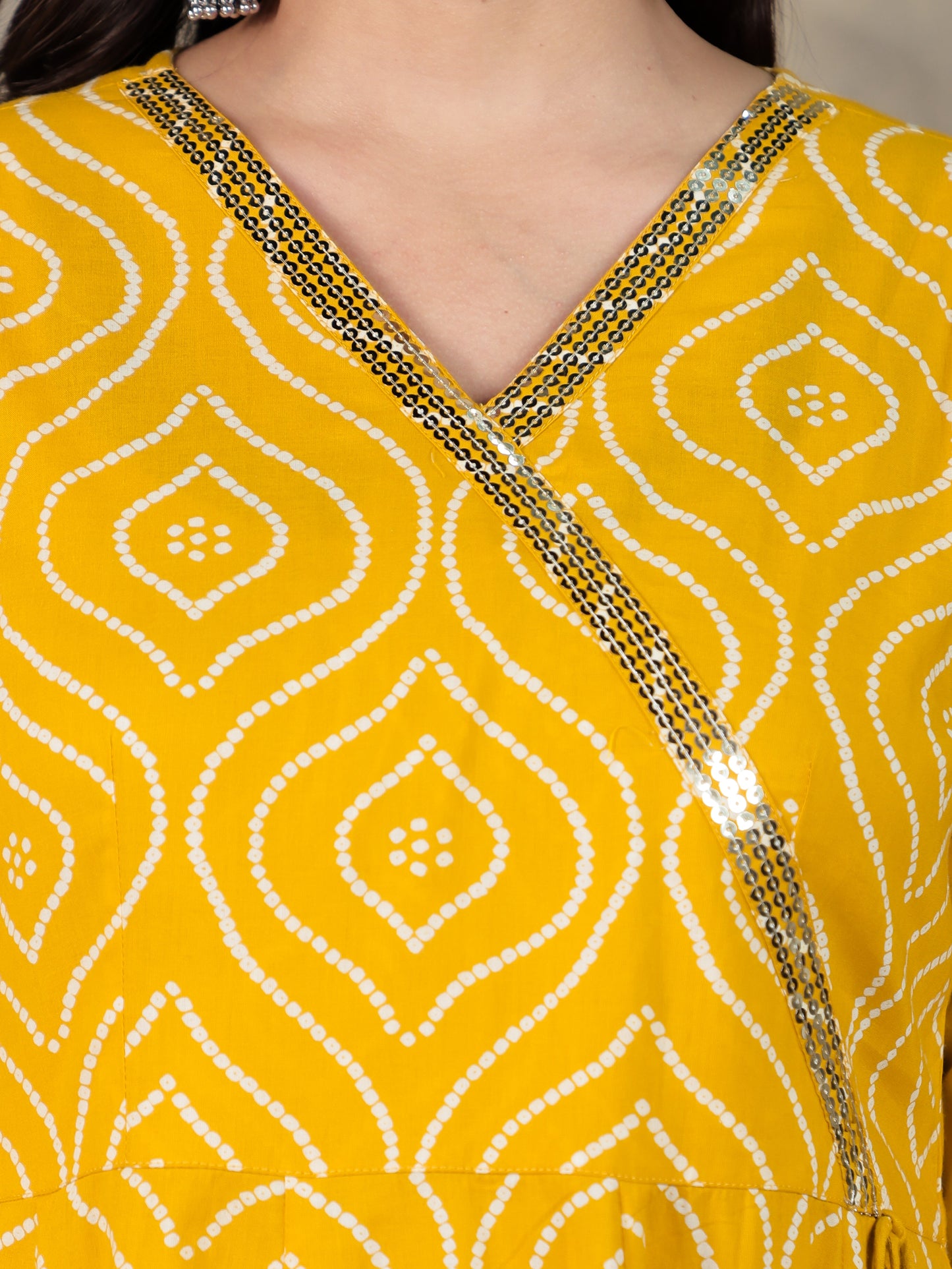 Embroidered Soft Cotton Bandhani Angrakha Yellow Kurta