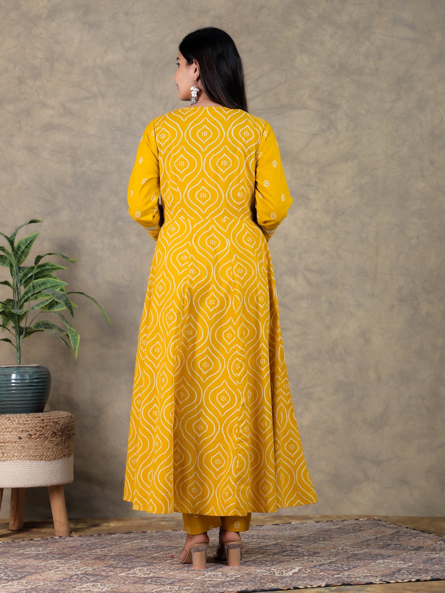 Embroidered Soft Cotton Bandhani Angrakha Yellow Kurta