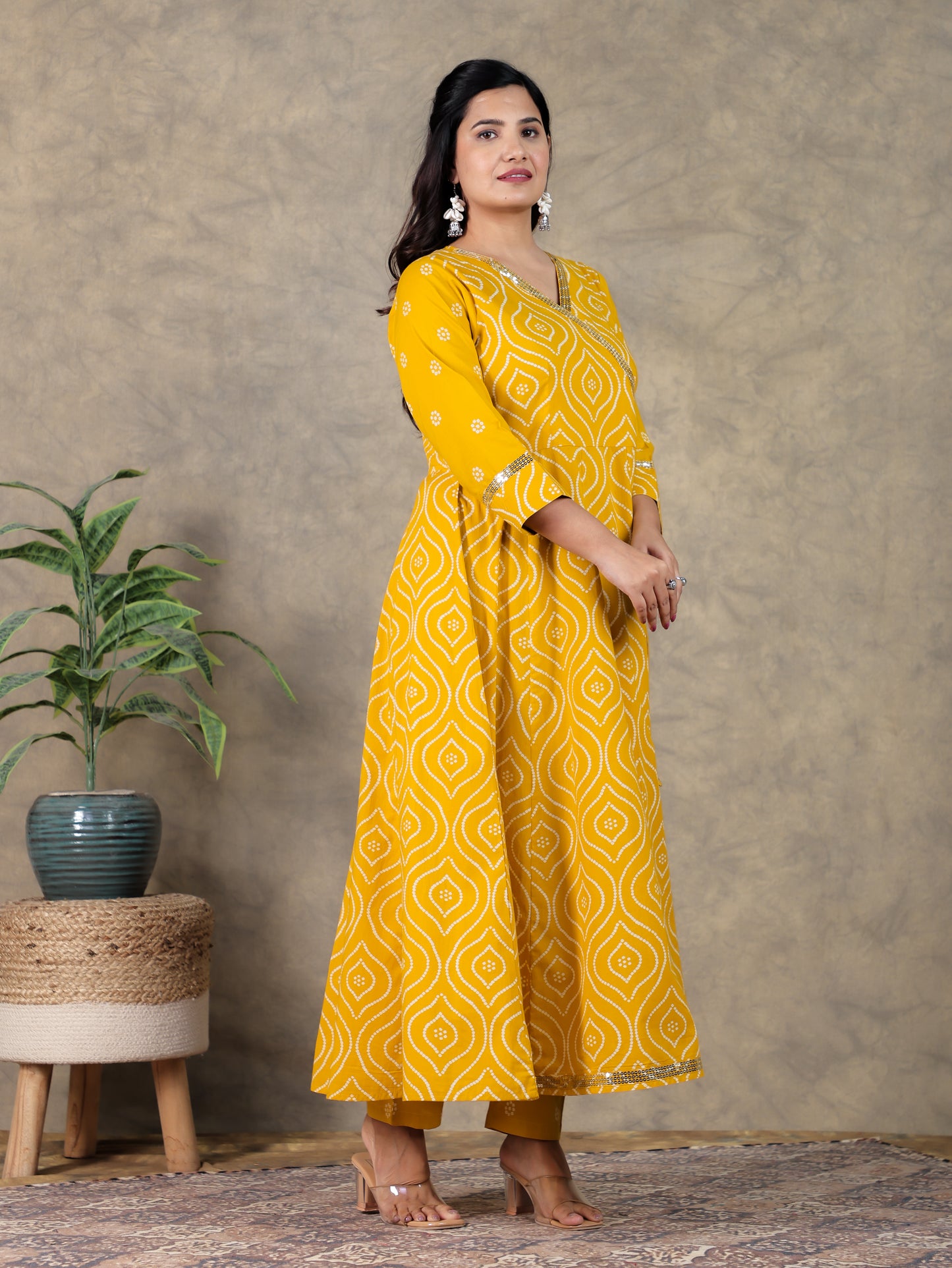 Embroidered Soft Cotton Bandhani Angrakha Yellow Kurta