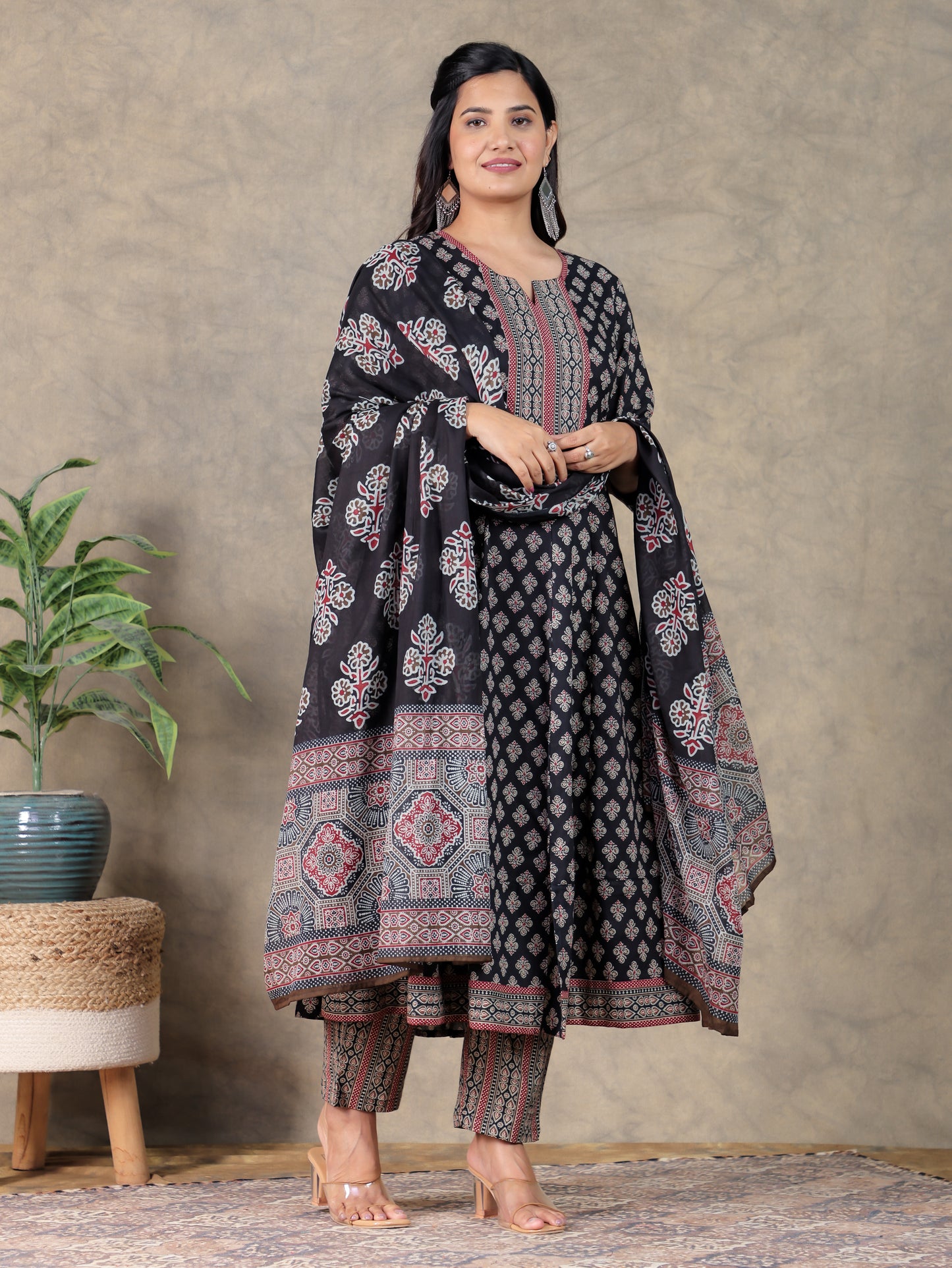 Soft Cotton Ajrakh Anarkali Black Kurta