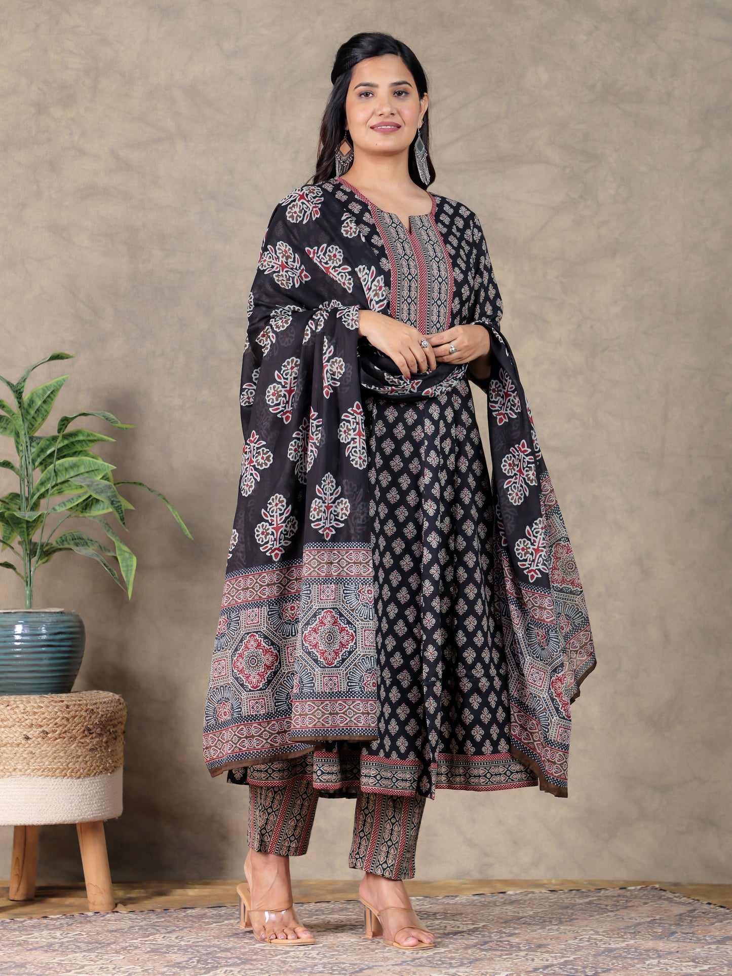 Soft Cotton Ajrakh Anarkali Black Kurta
