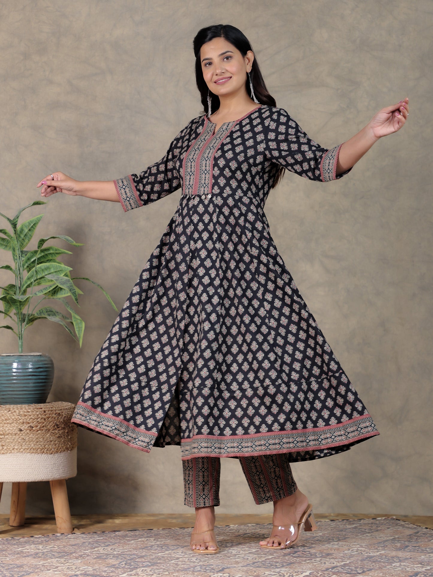 Soft Cotton Ajrakh Anarkali Black Kurta