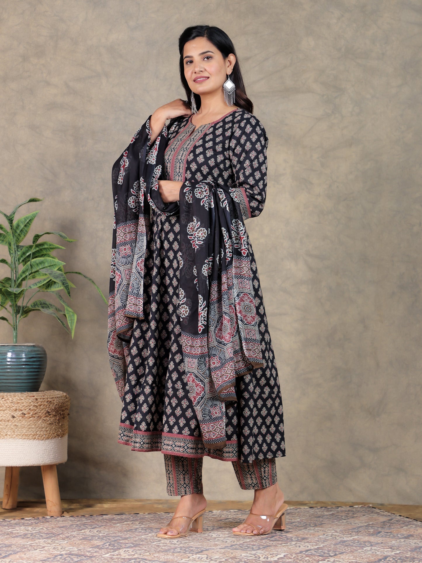 Soft Cotton Ajrakh Anarkali Black Kurta