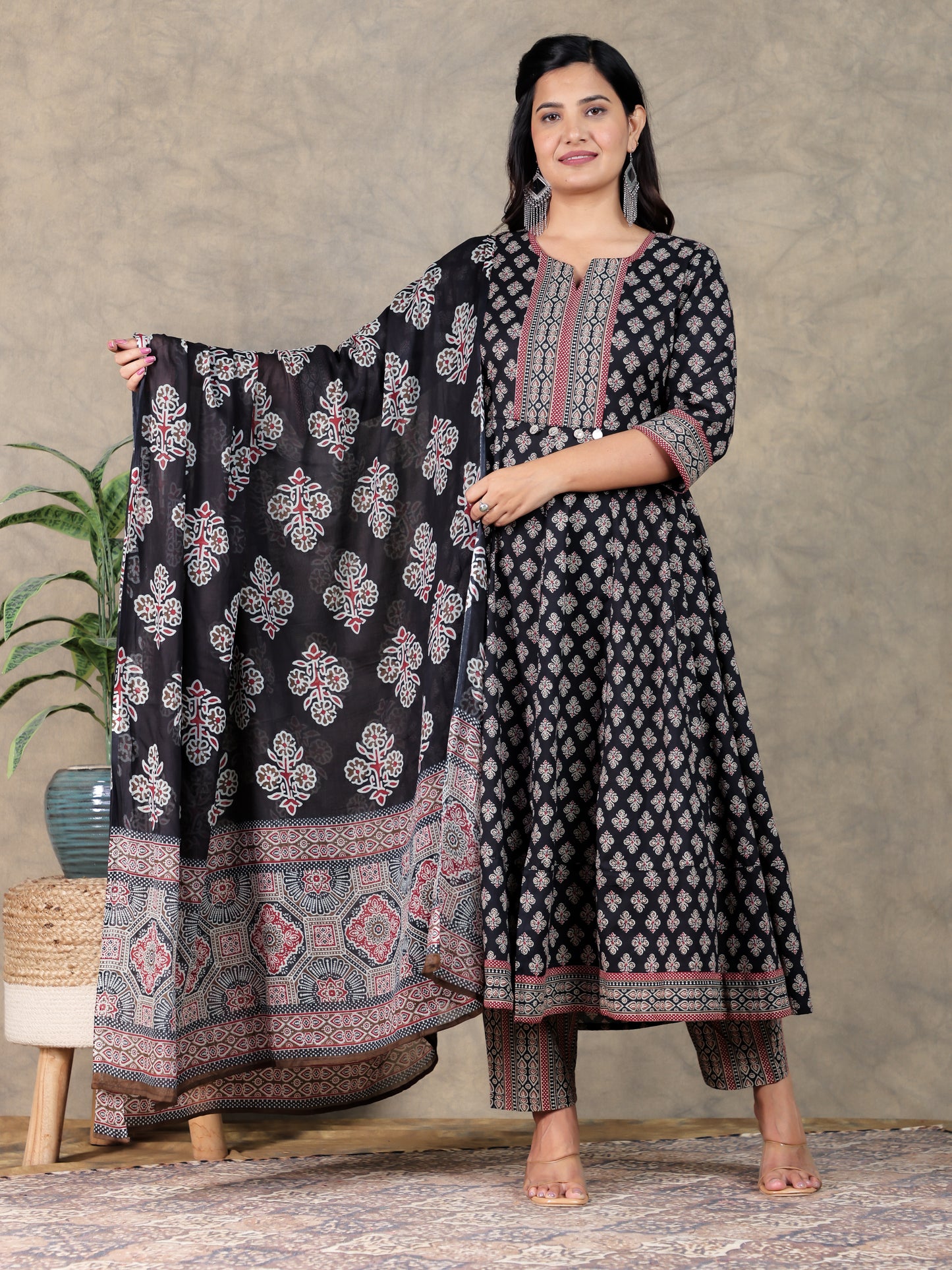 Soft Cotton Ajrakh Anarkali Black Kurta