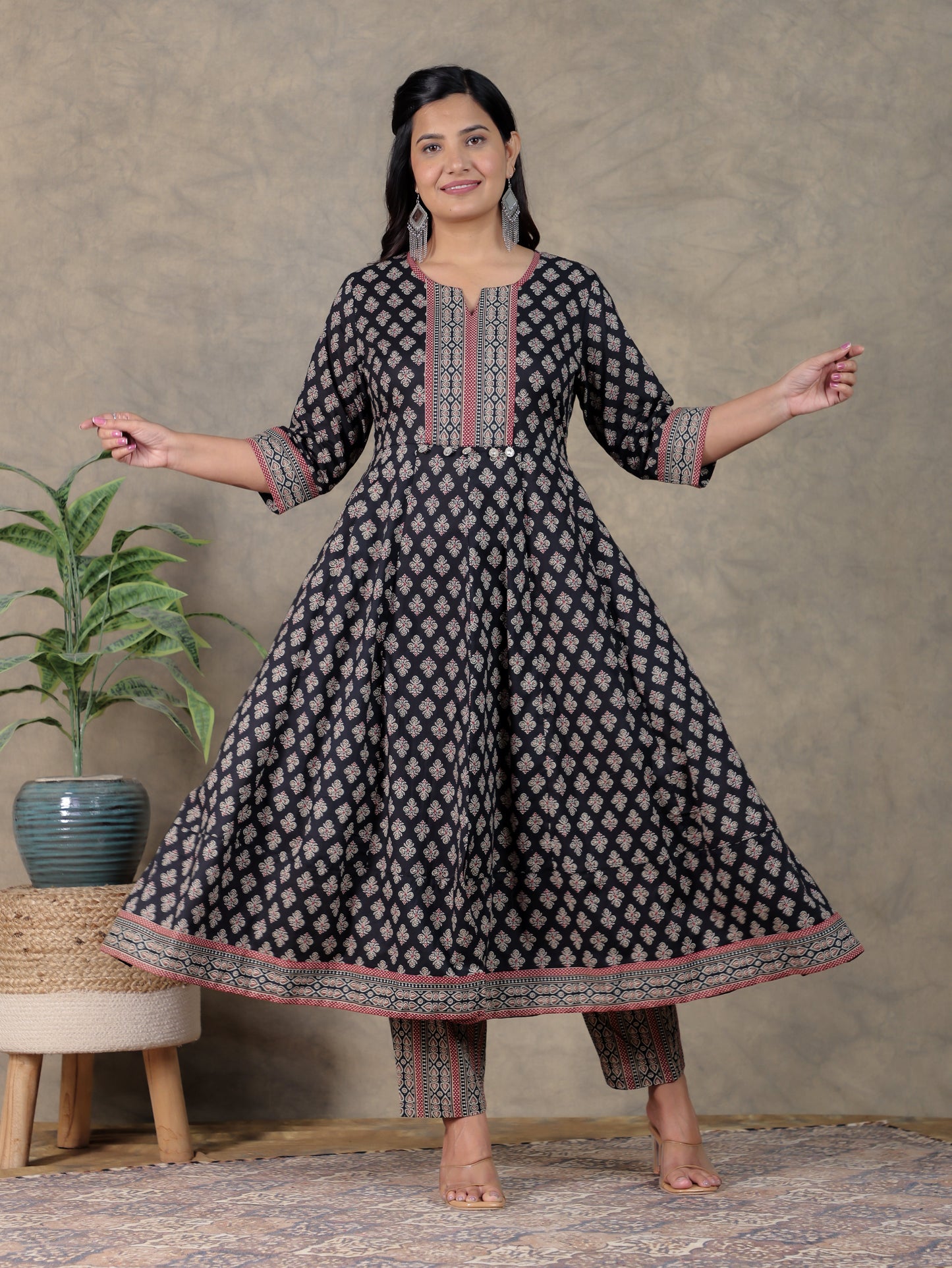 Soft Cotton Ajrakh Anarkali Black Kurta