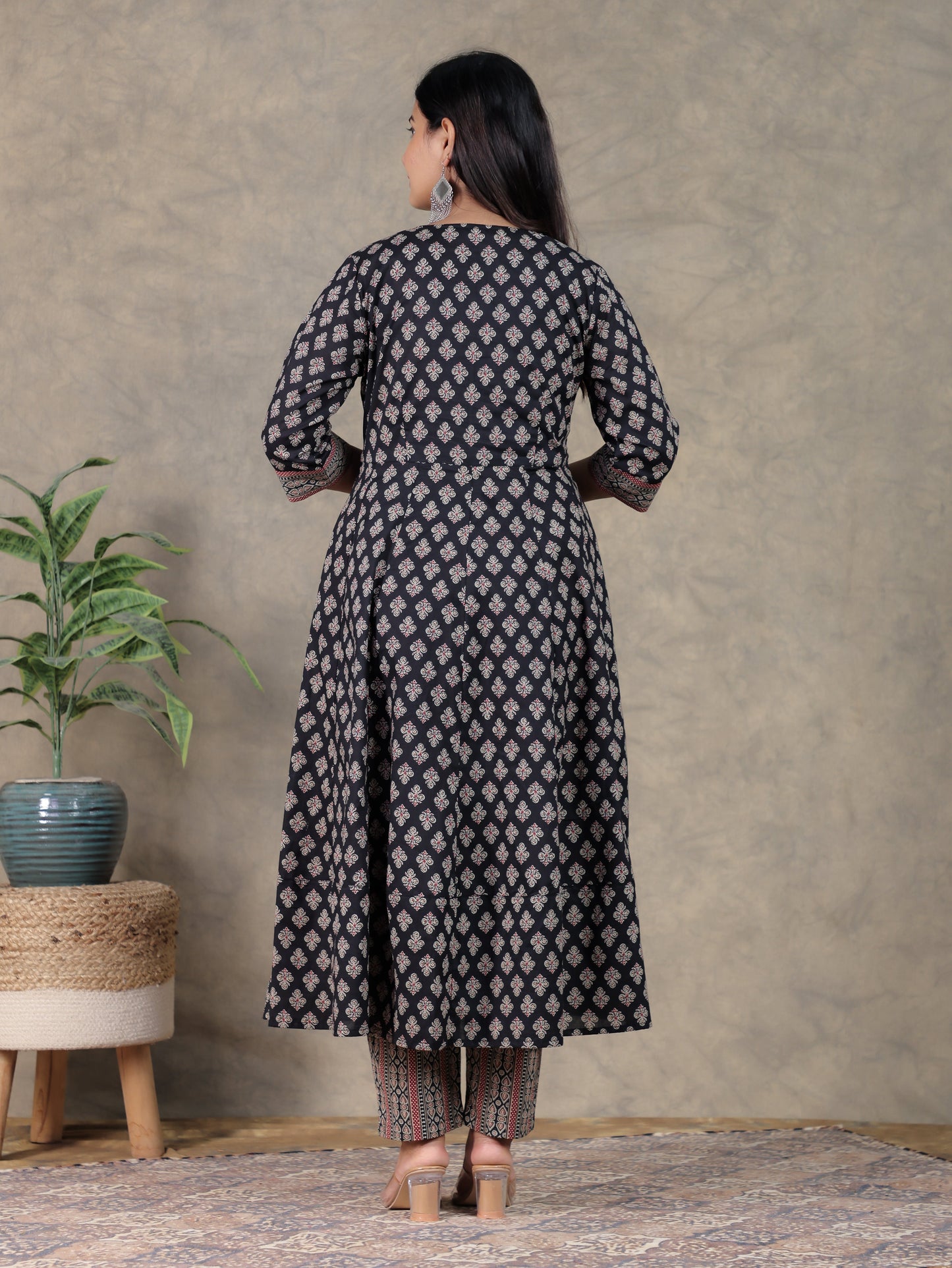 Soft Cotton Ajrakh Anarkali Black Kurta