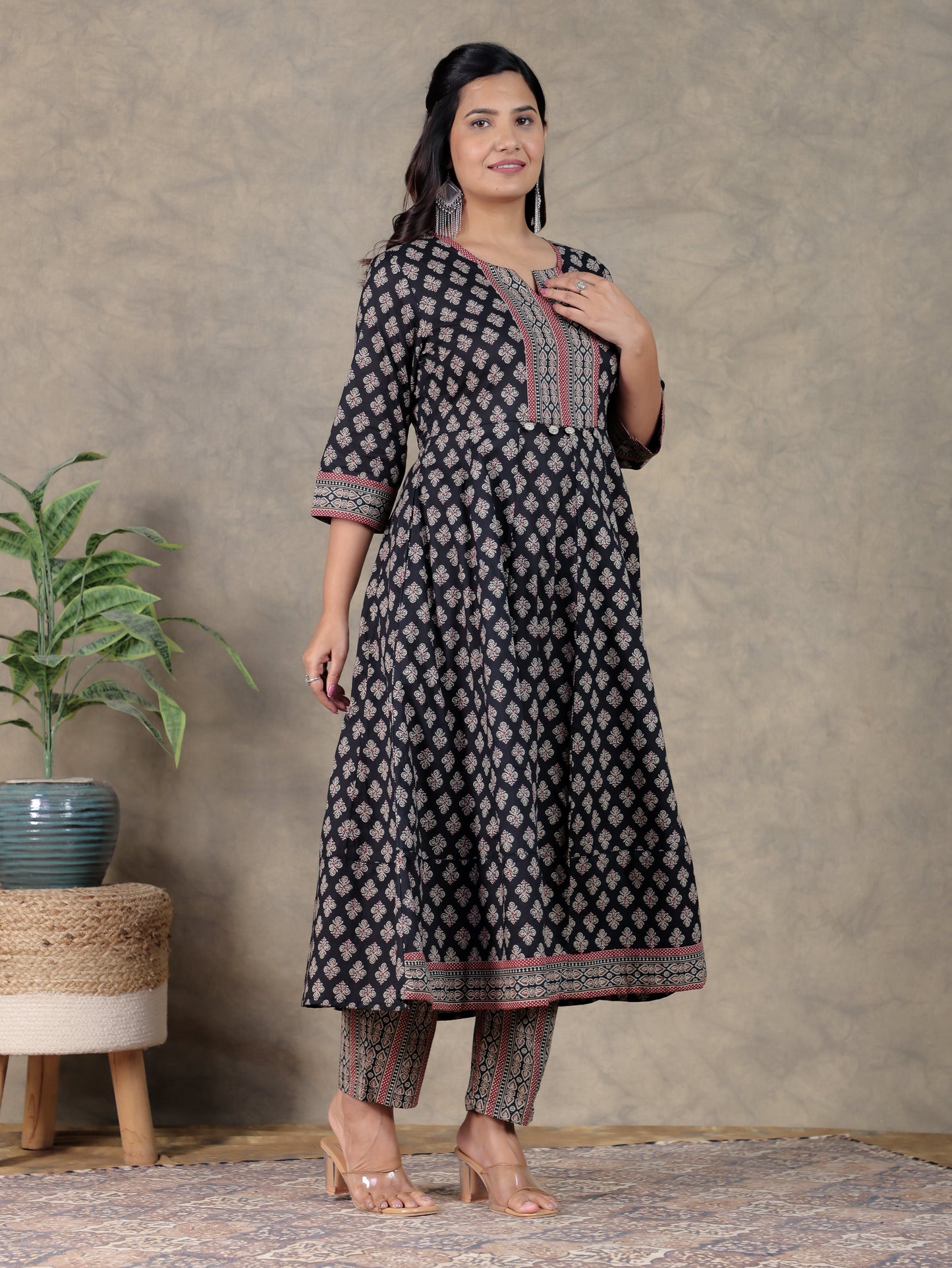 Soft Cotton Ajrakh Anarkali Black Kurta