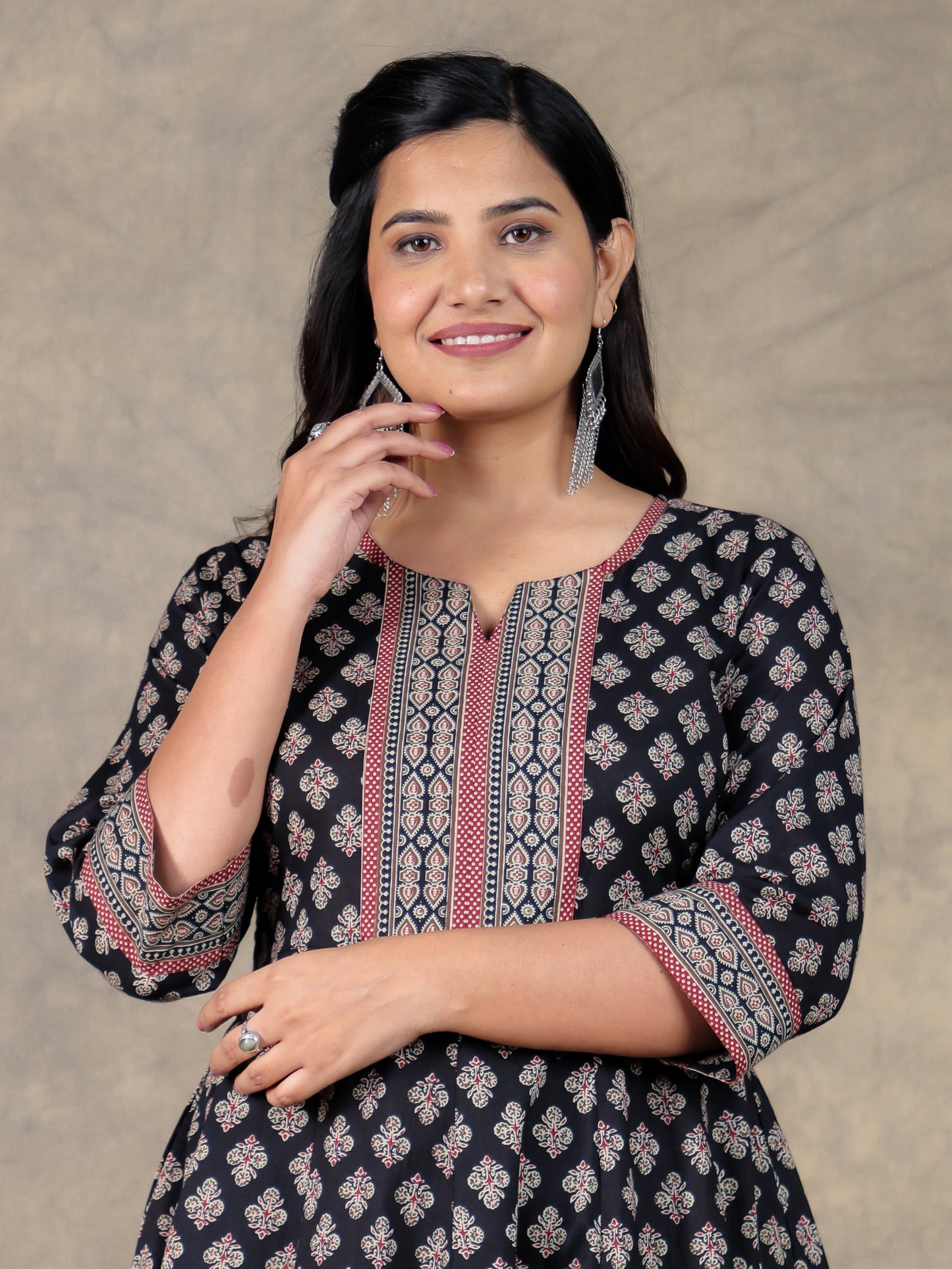 Soft Cotton Ajrakh Anarkali Black Kurta