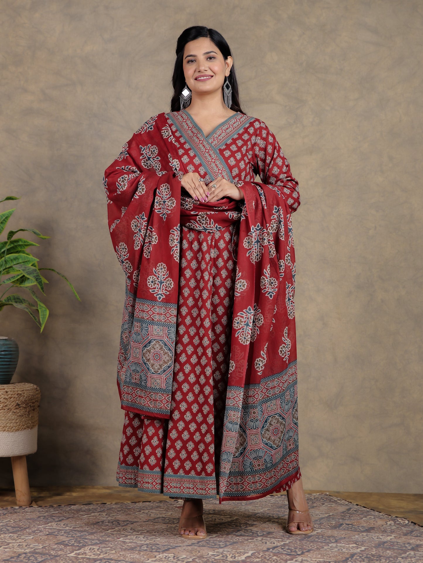 Soft Cotton Ajrakh Angrakha Red Kurta