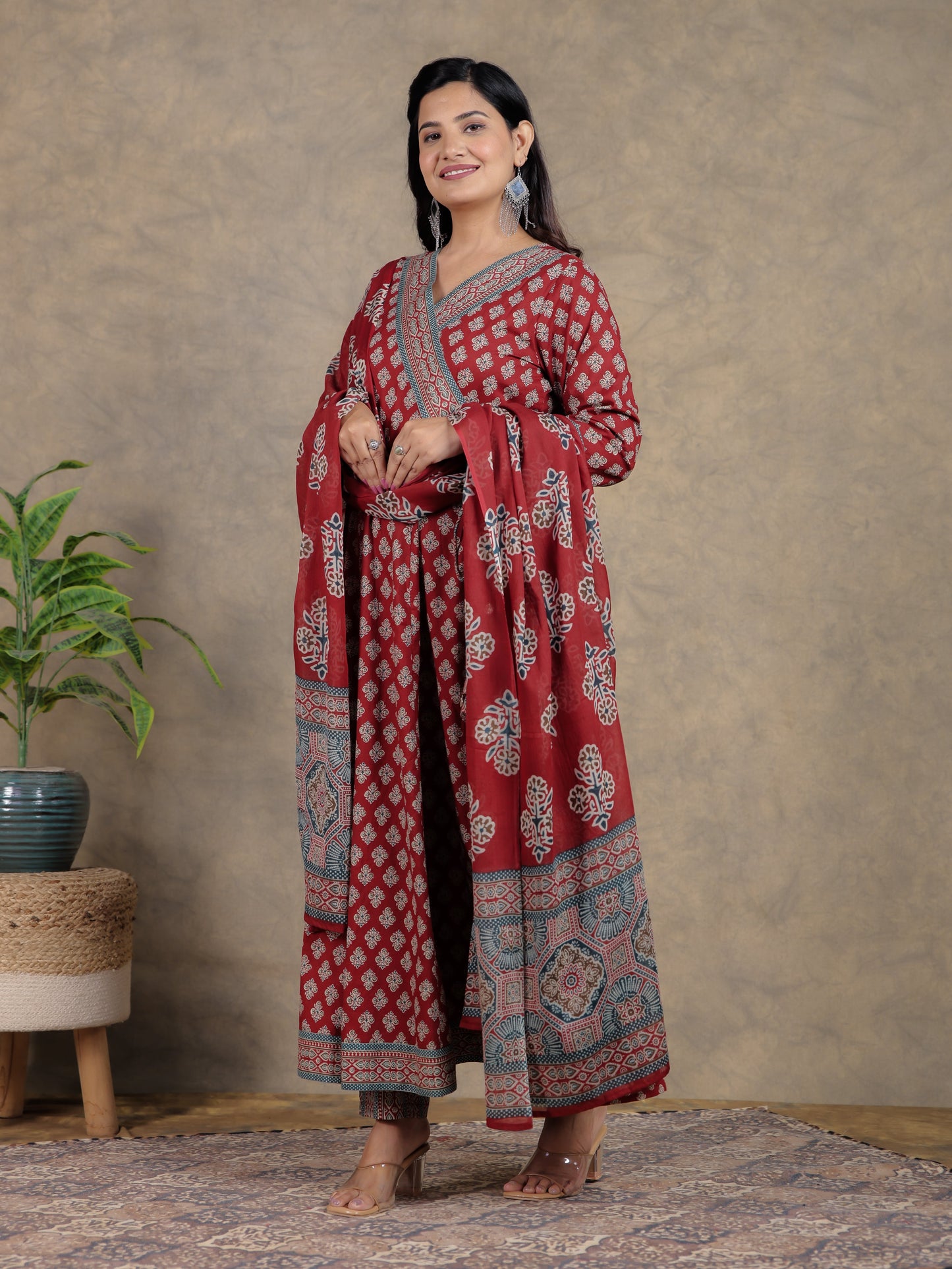 Soft Cotton Ajrakh Angrakha Red Kurta