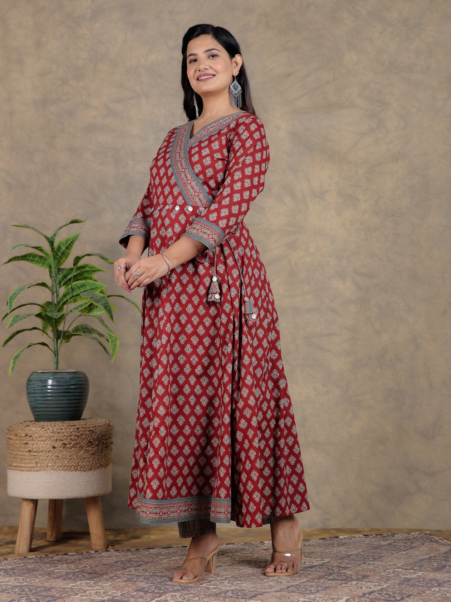 Soft Cotton Ajrakh Angrakha Red Kurta
