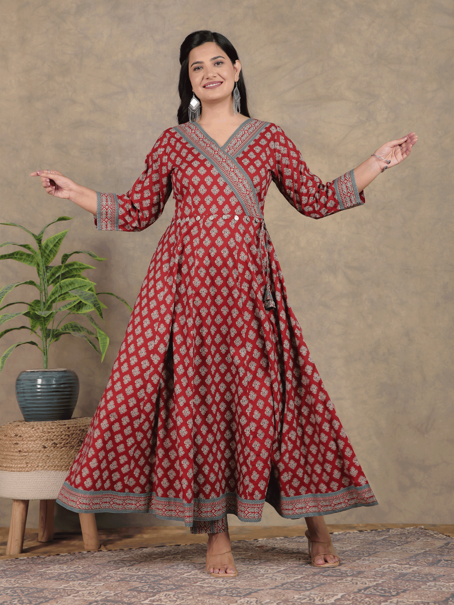 Soft Cotton Ajrakh Angrakha Red Kurta
