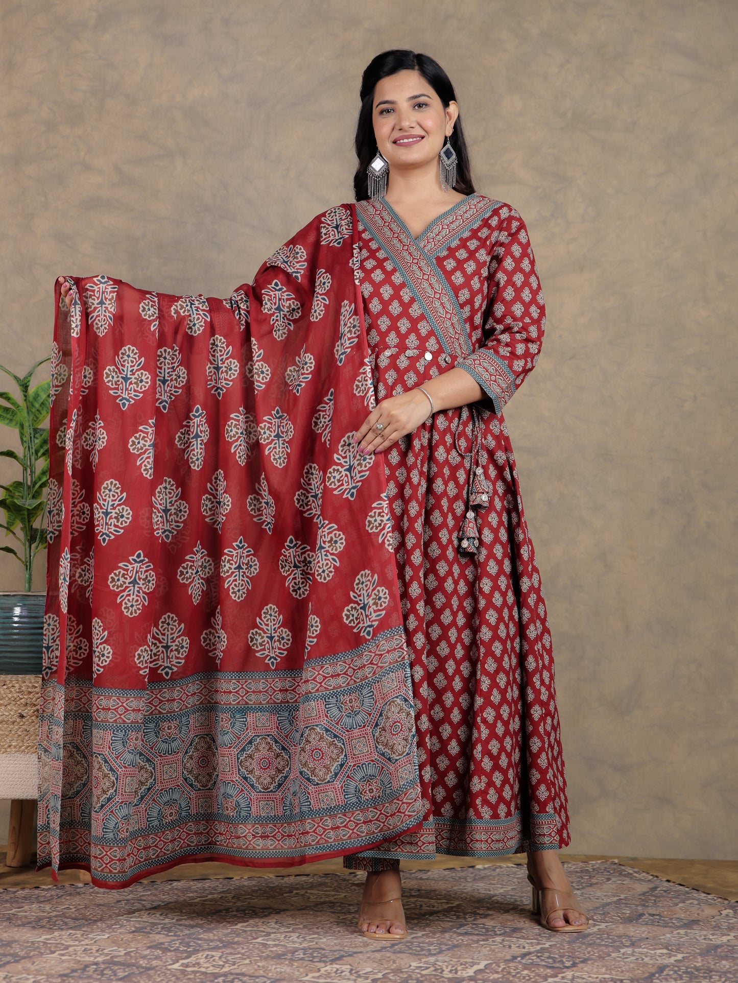 Soft Cotton Ajrakh Angrakha Red Kurta
