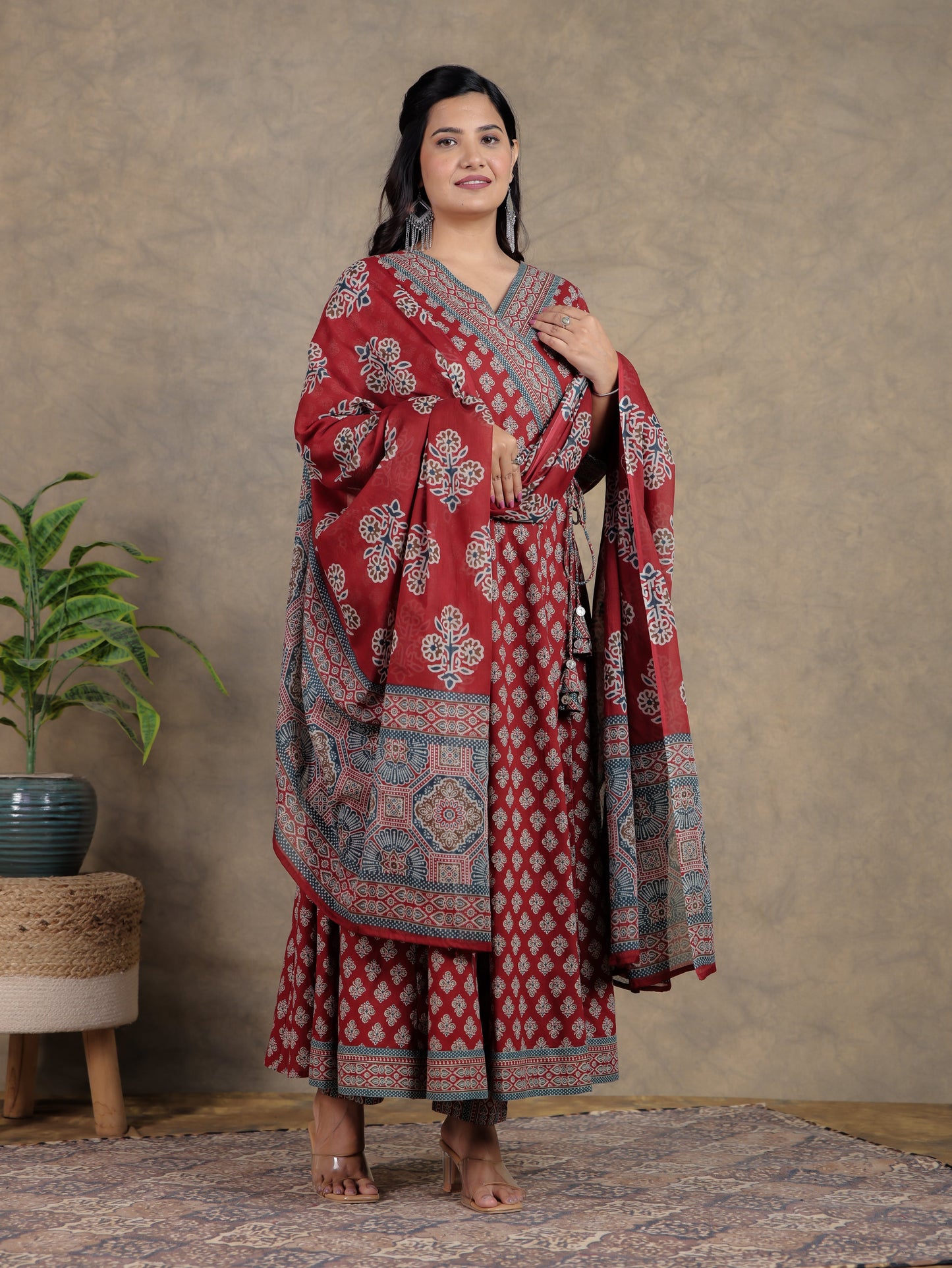 Soft Cotton Ajrakh Angrakha Red Kurta