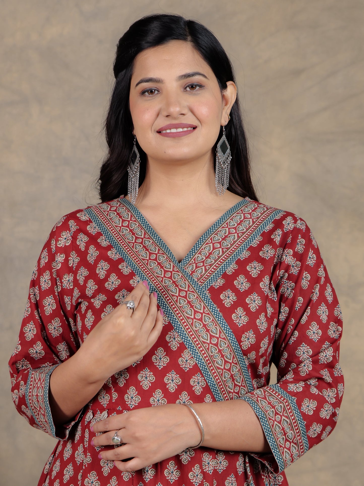 Soft Cotton Ajrakh Angrakha Red Kurta