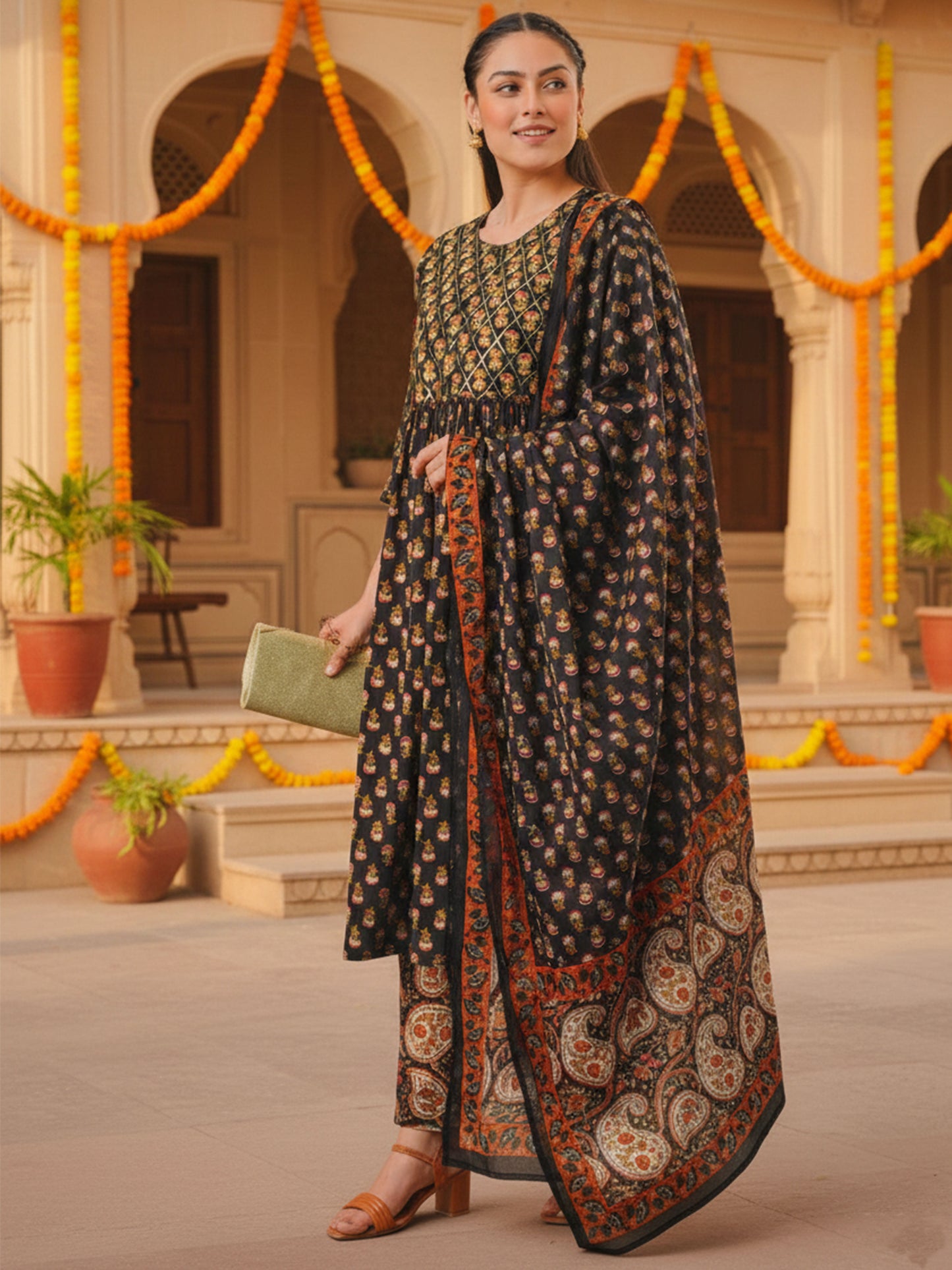 Embroidered Soft Cotton Butti Flared Black Kurta