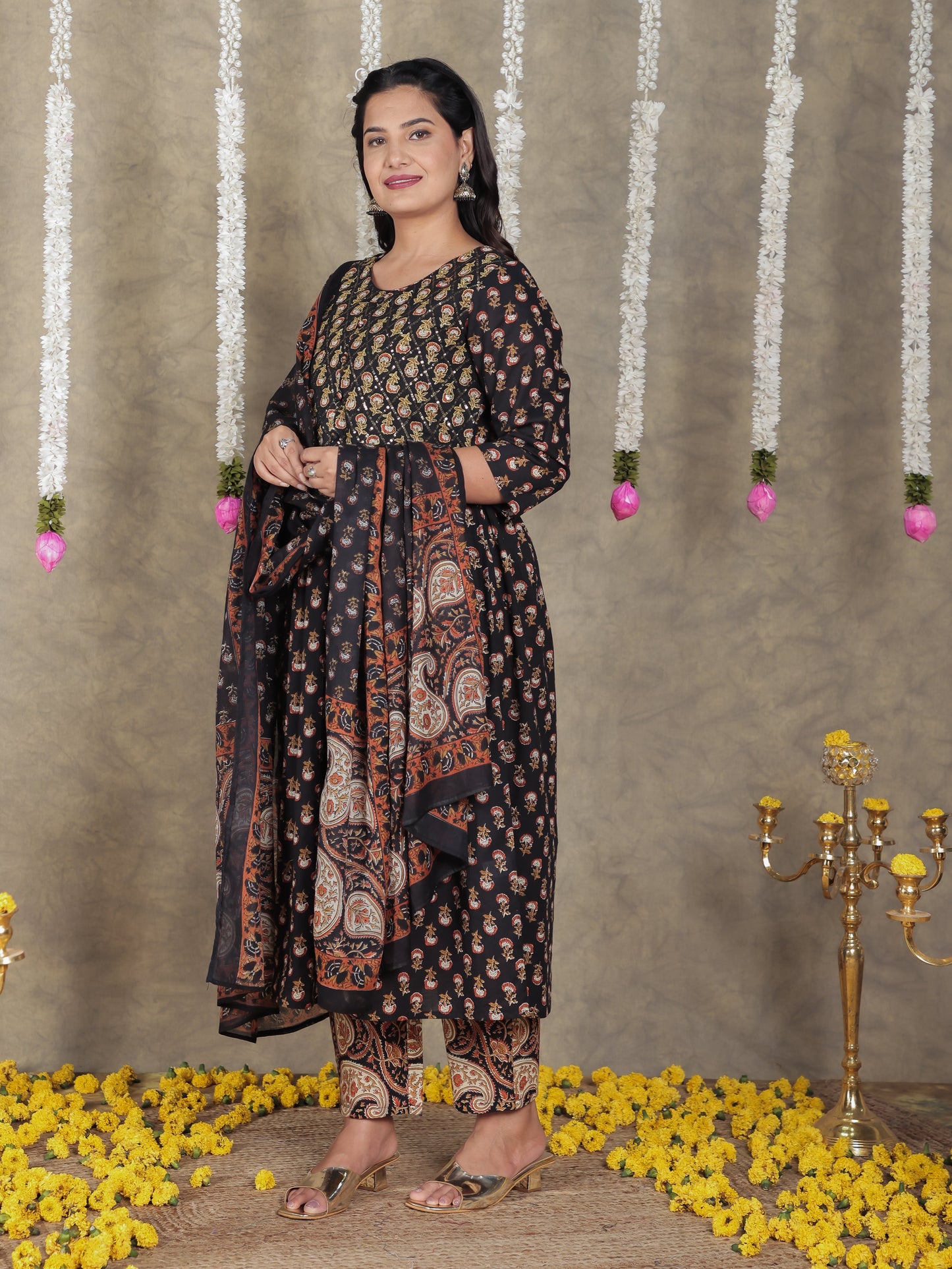 Embroidered Soft Cotton Butti A-line Black Kurta