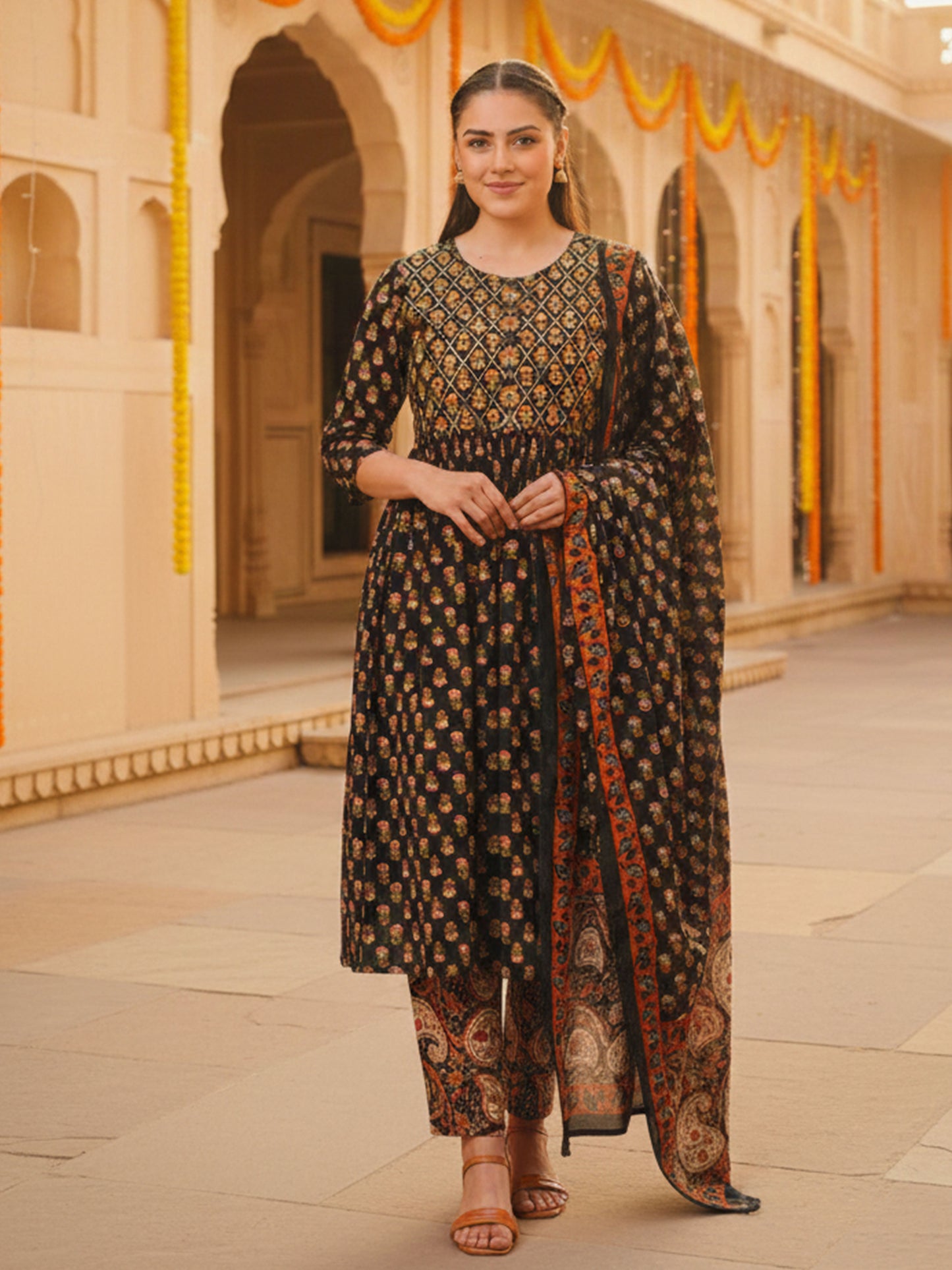 Embroidered Soft Cotton Butti Flared Black Kurta