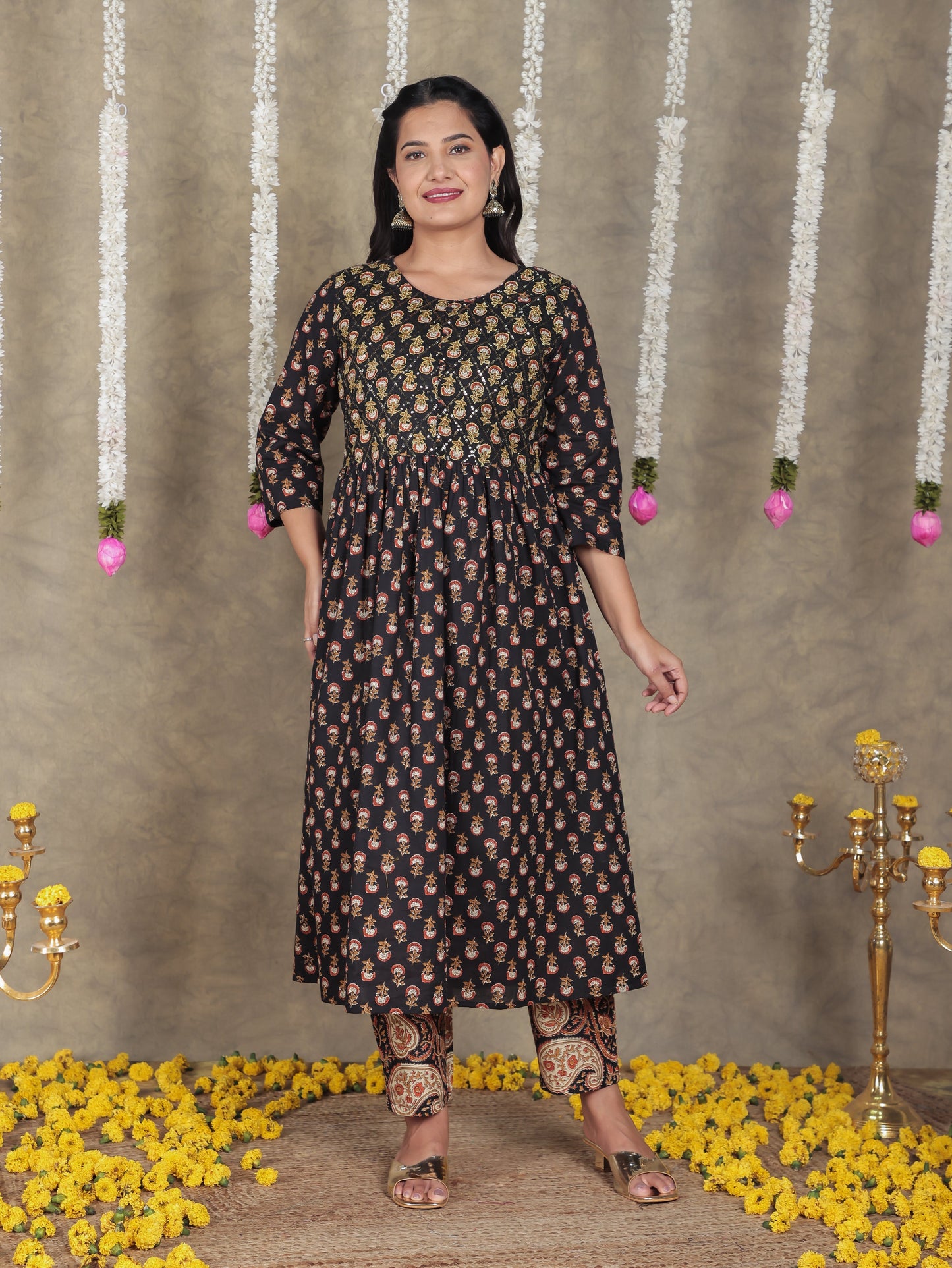 Embroidered Soft Cotton Butti A-line Black Kurta