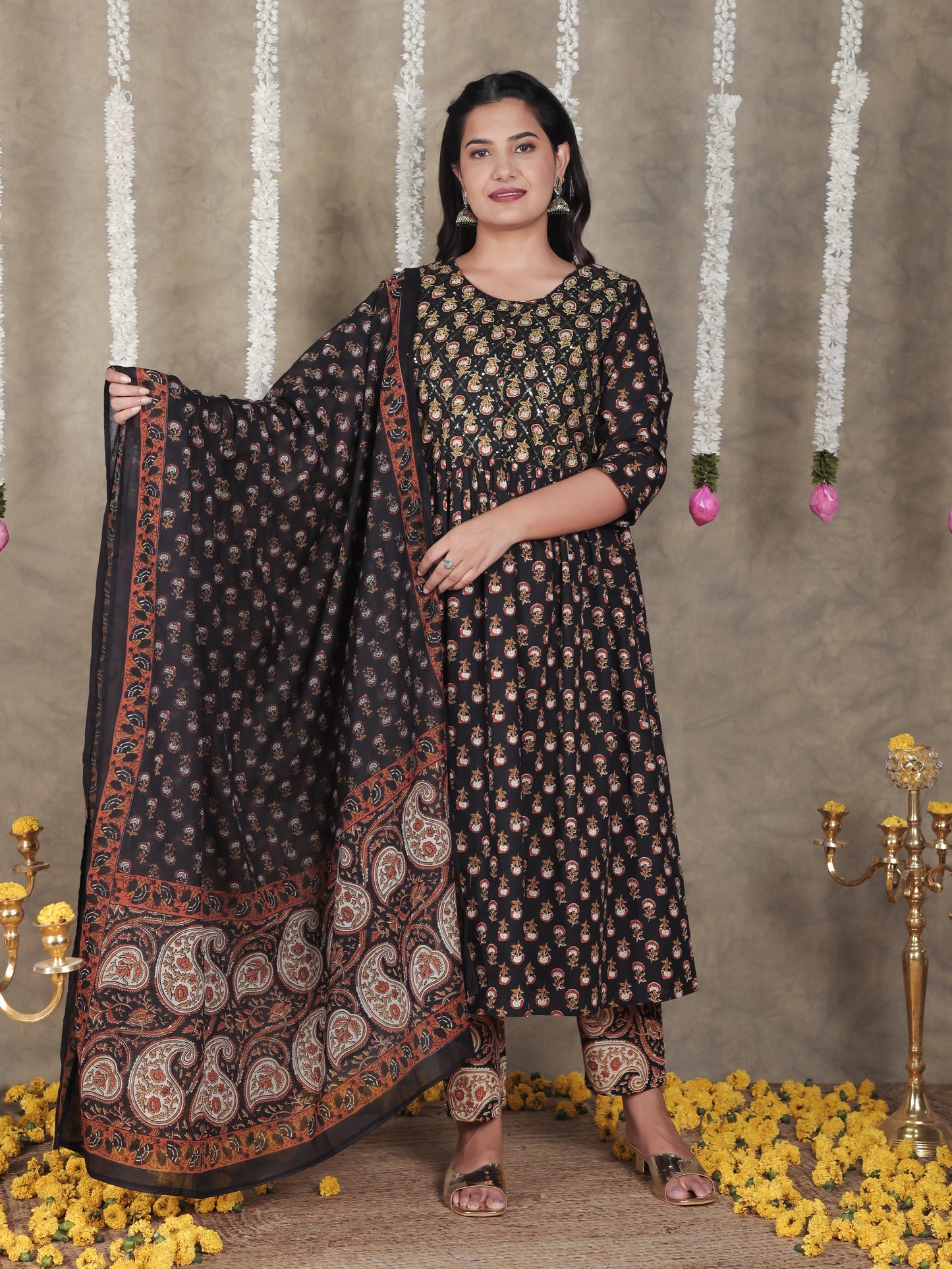 Embroidered Soft Cotton Butti A-line Black Kurta