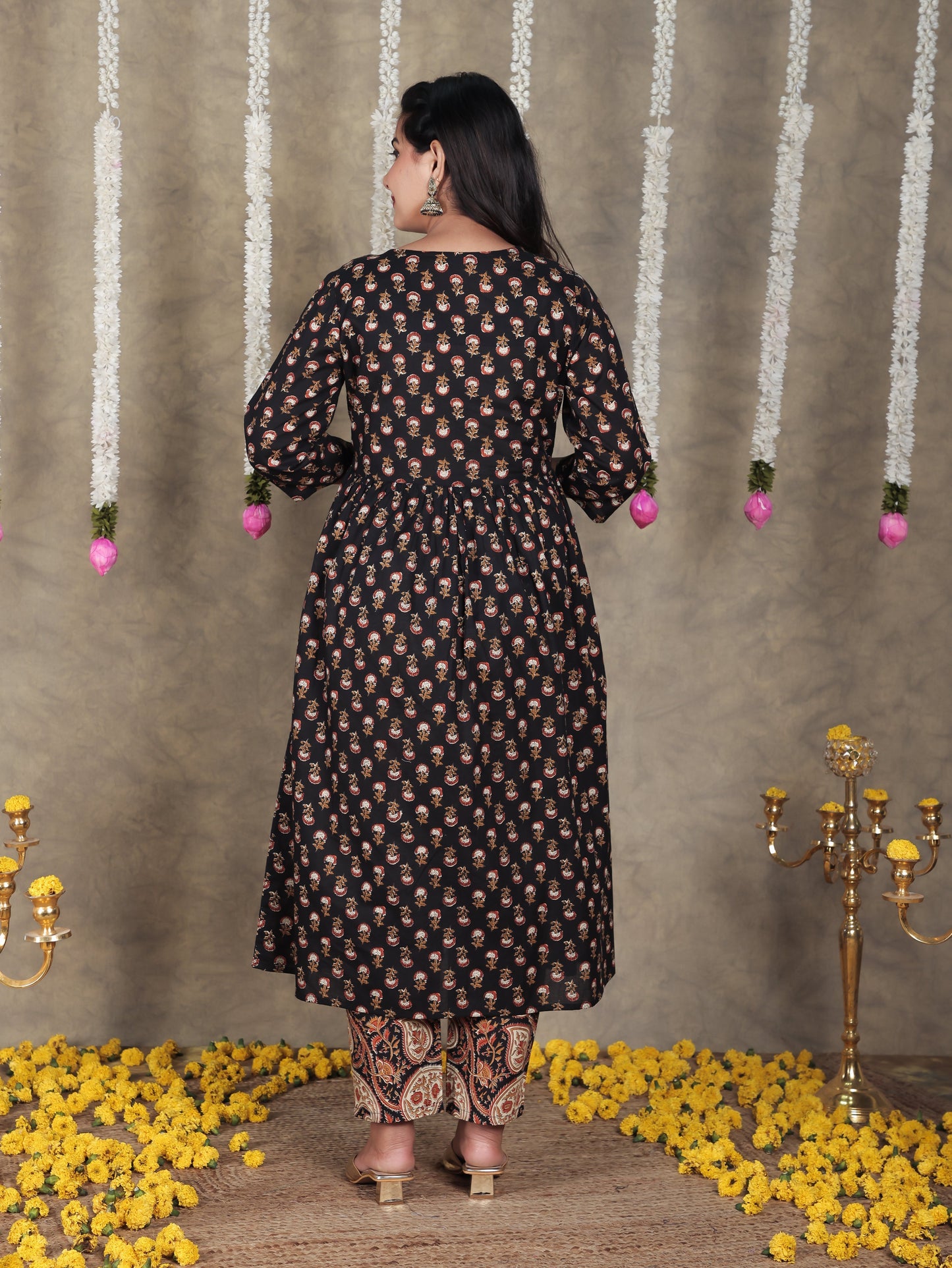 Embroidered Soft Cotton Butti A-line Black Kurta