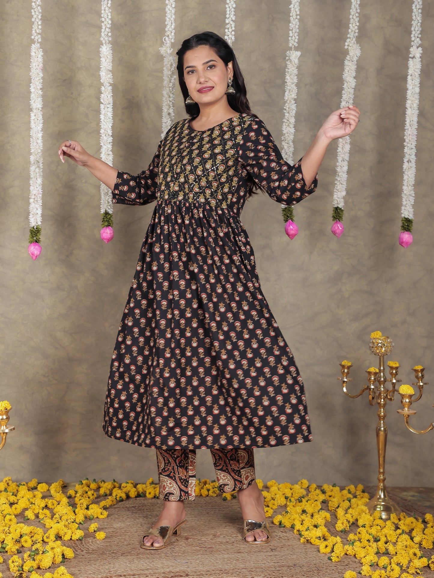 Embroidered Soft Cotton Butti A-line Black Kurta