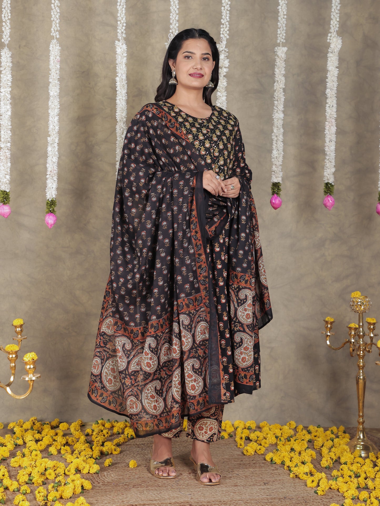 Embroidered Soft Cotton Butti A-line Black Kurta