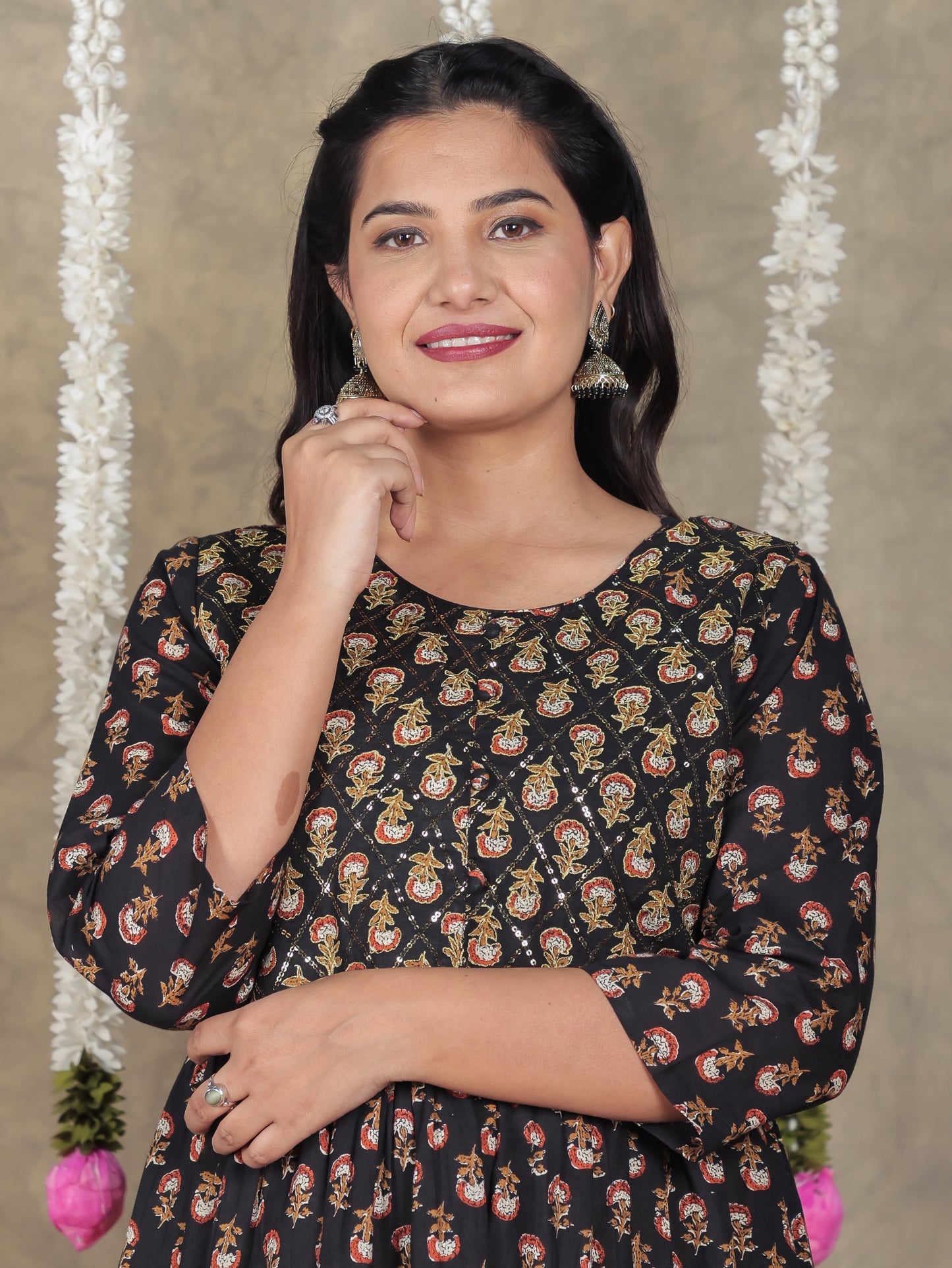 Embroidered Soft Cotton Butti A-line Black Kurta