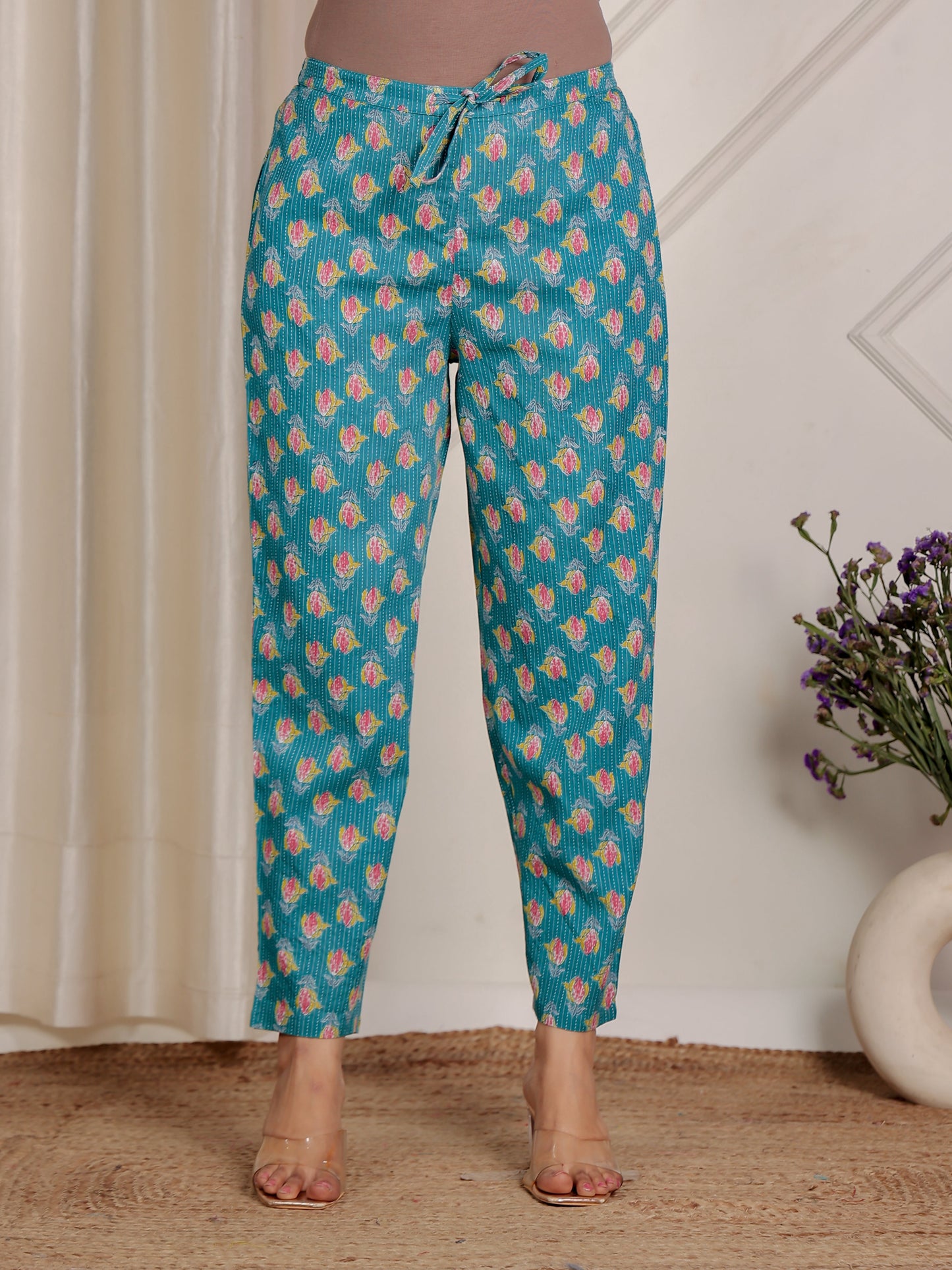 Kantha Cotton Floral Green Tapered Trousers