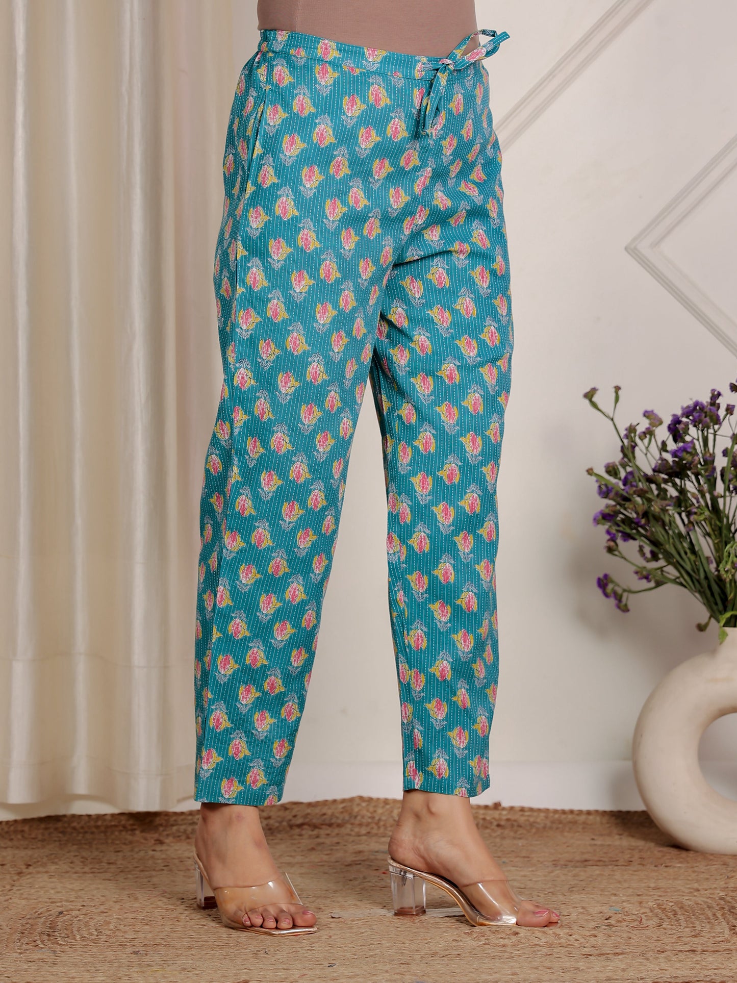 Kantha Cotton Floral Green Tapered Trousers
