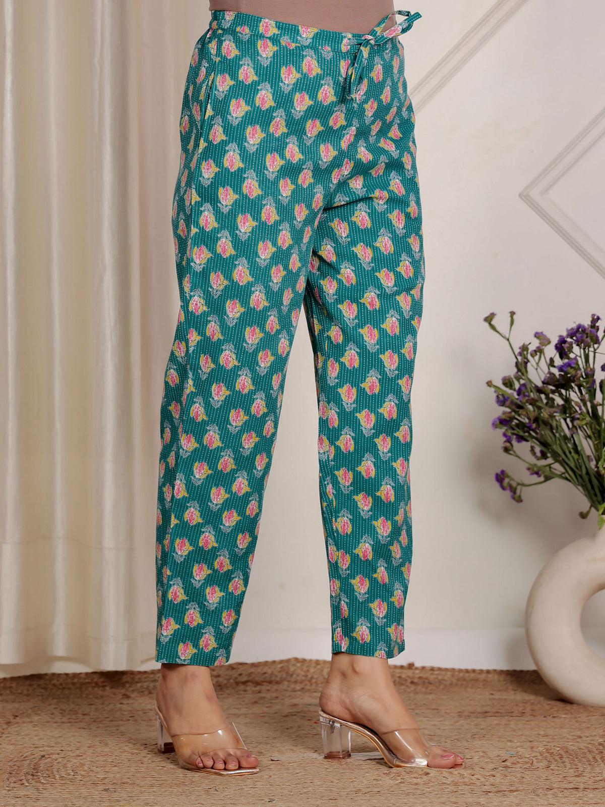 Kantha Cotton Floral Green Tapered Trousers