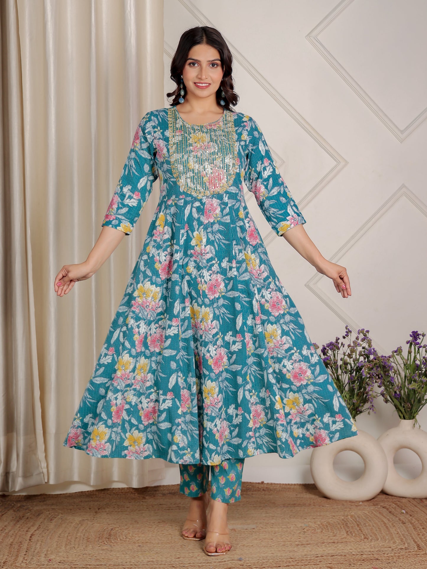 Embroidered Kantha Cotton Floral Anarkali Green Kurta