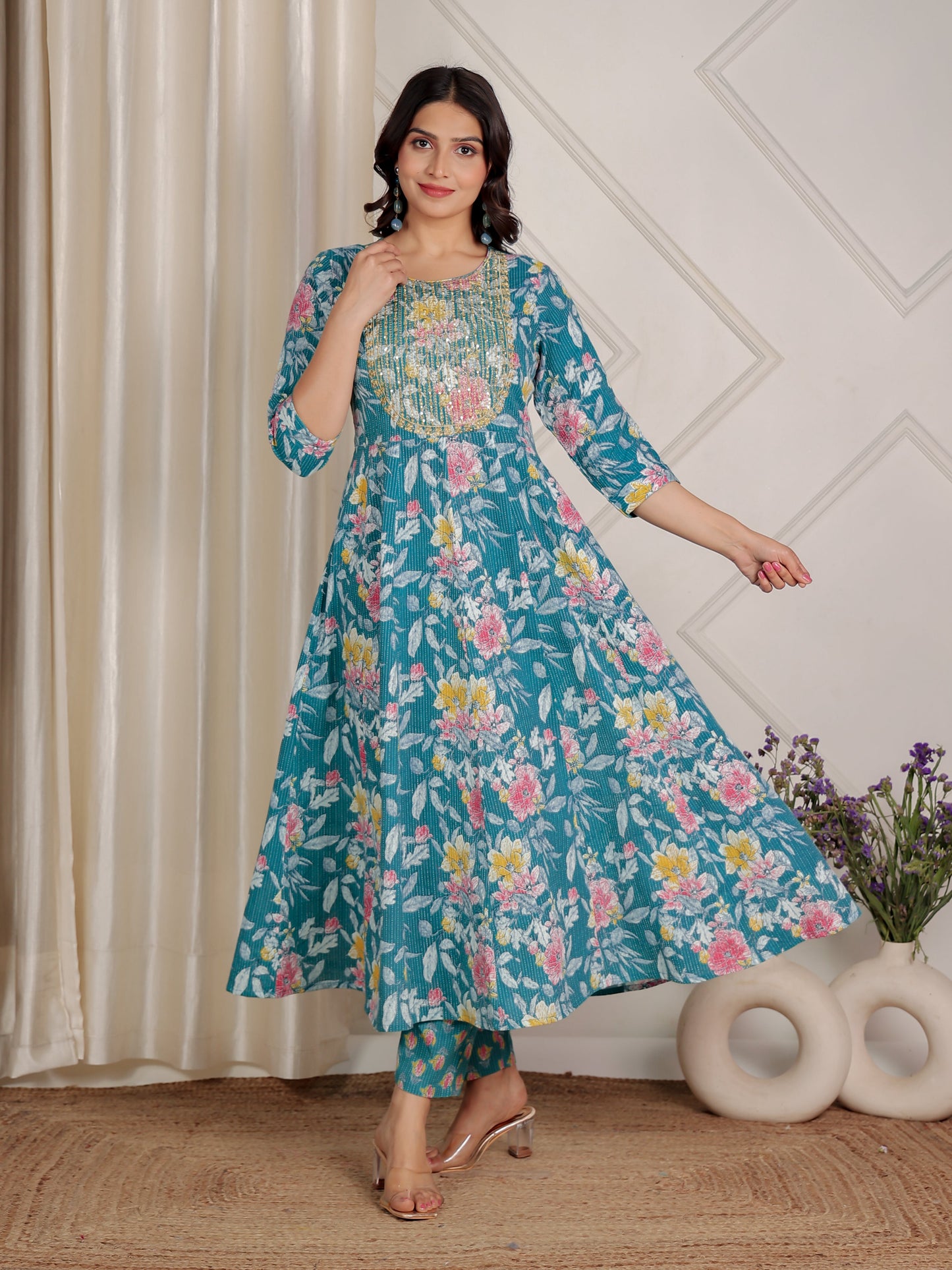 Embroidered Kantha Cotton Floral Anarkali Green Kurta
