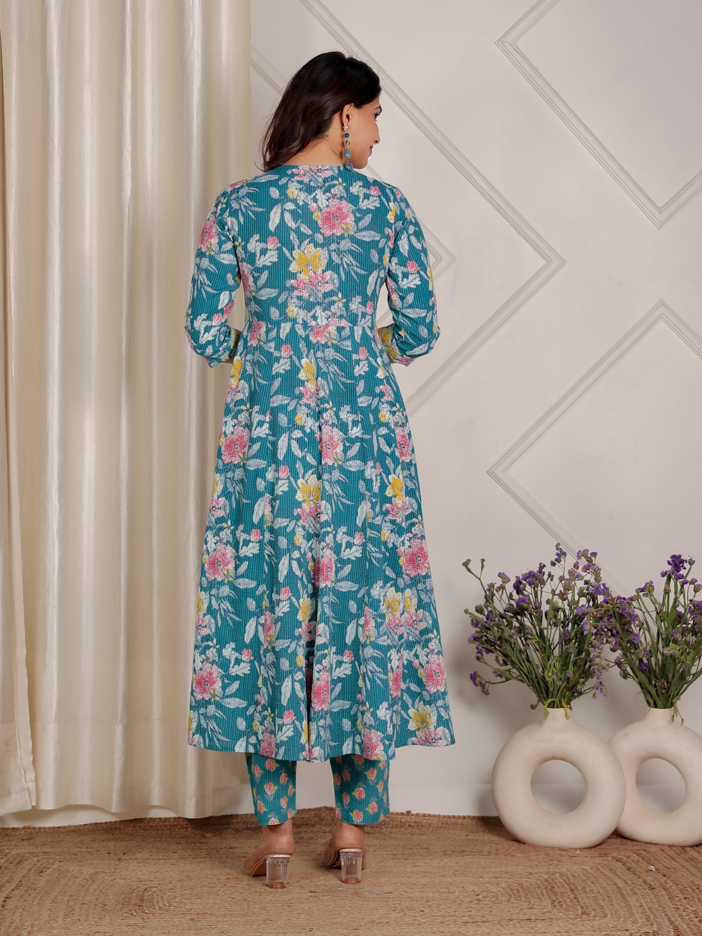 Embroidered Kantha Cotton Floral Anarkali Green Kurta