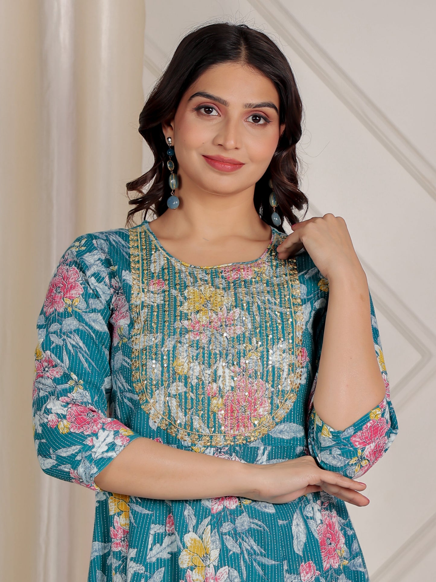 Embroidered Kantha Cotton Floral Anarkali Green Kurta