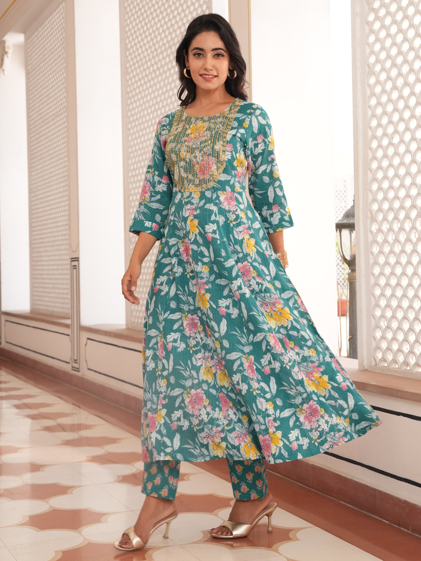 Embroidered Kantha Cotton Floral Anarkali Teal Kurta