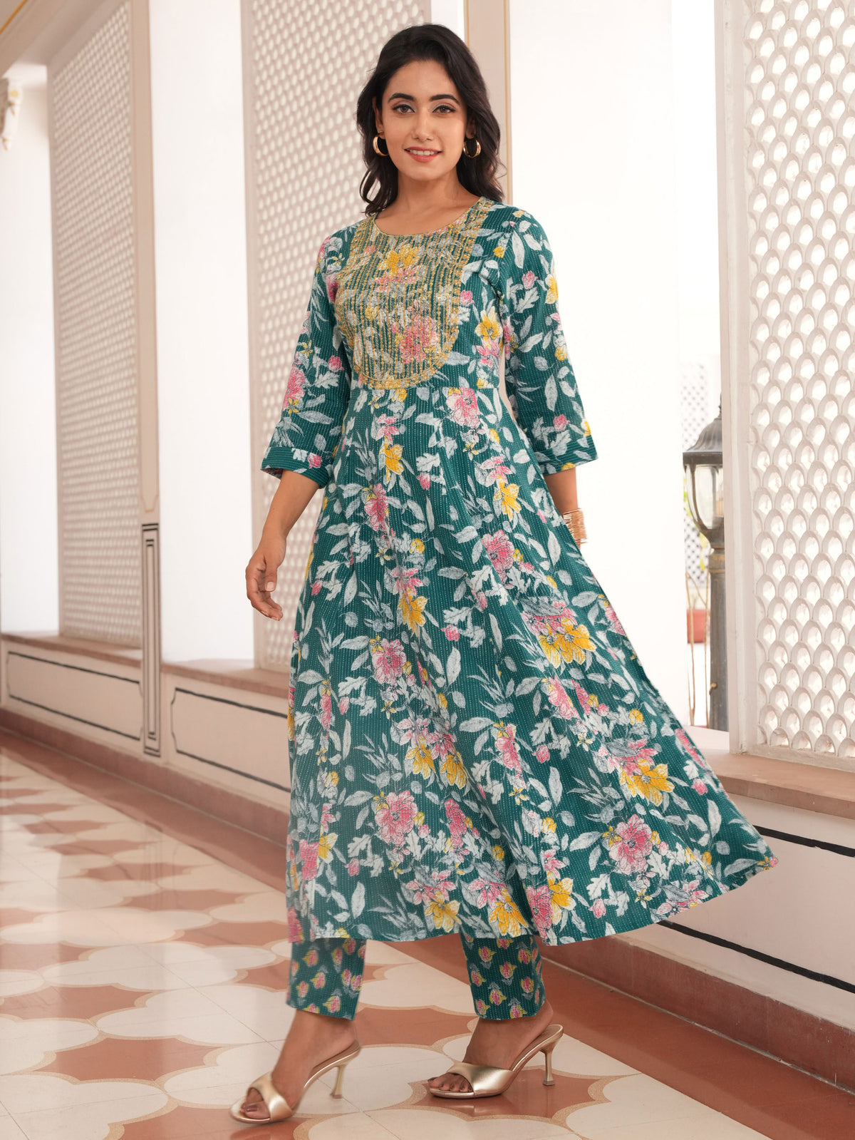 Embroidered Kantha Cotton Floral Anarkali Teal Kurta