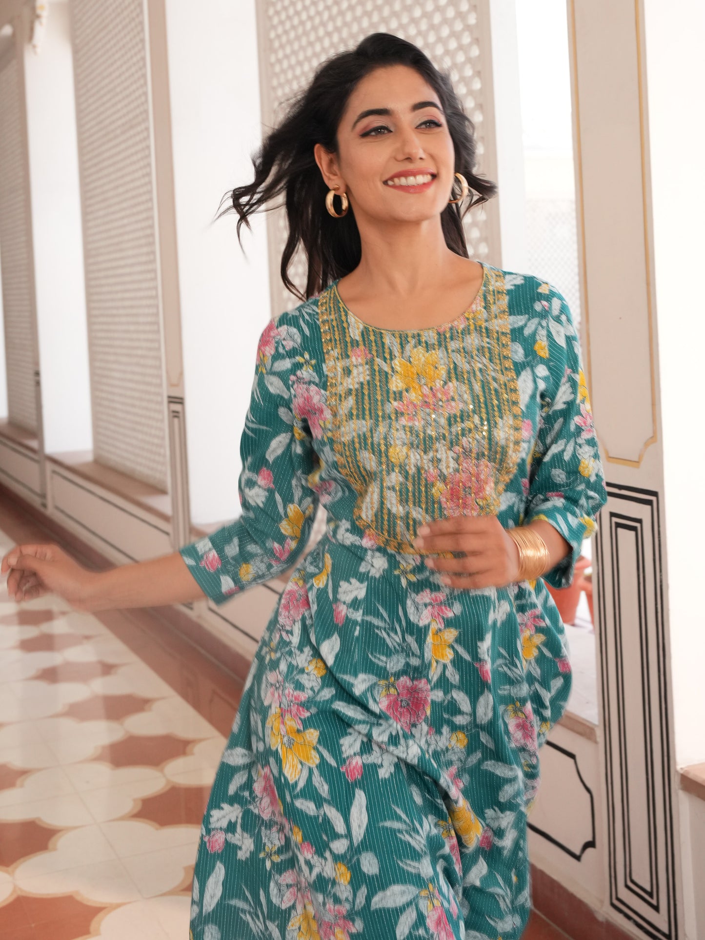 Embroidered Kantha Cotton Floral Anarkali Teal Kurta